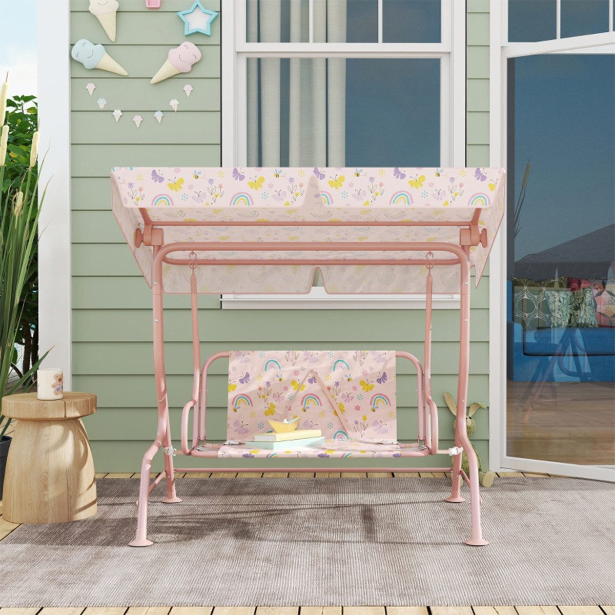 XDeer Hängesessel Hollywoodschaukel mit Stahlrahmen Gartenschaukel Hängeschaukel, 2-Sitzer 60 kg Belastbar für Garten und Terrasse Rosa