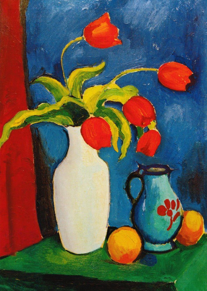 in August "Rote Kunstkarte weißer Postkarte Vase" Tulpen Macke