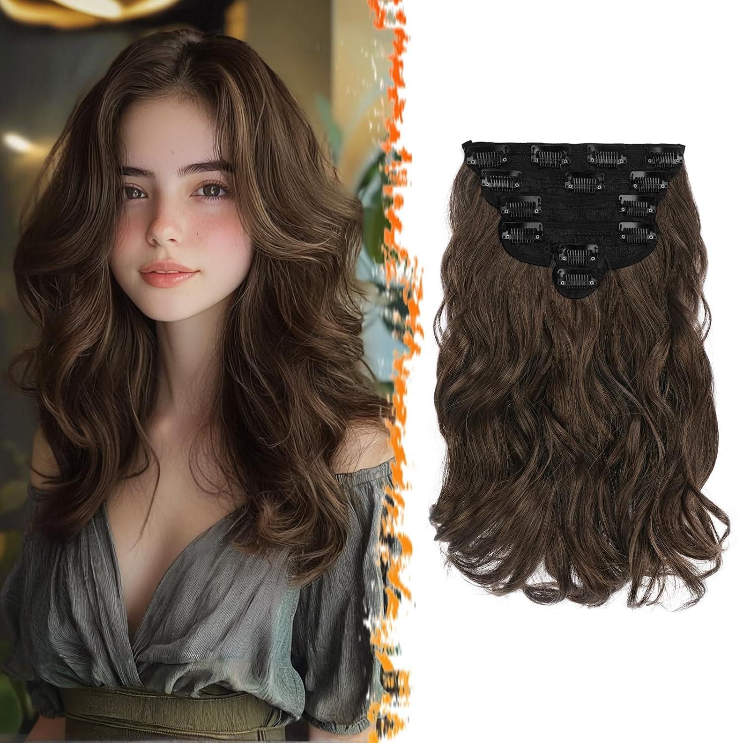 Kunsthaar-Extension Clip in Haarverlängerungen Braun 30cm Wellige Extensions 6PCs Dickes