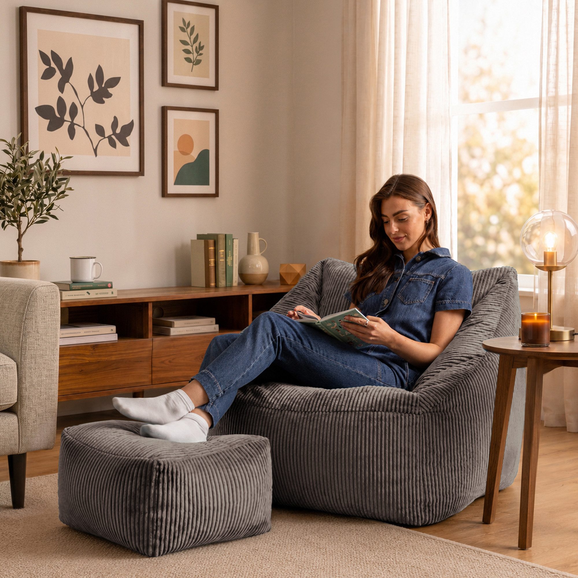 icon Sitzsack Riesen Sessel aus Cord Flauschig „Natalia" mit Hocker (Spar-Set, 1 x Sitzsack-Sessel, 1 x Fußhocker), Sitzsack XXL, Made in Germany, für Erwachsen – Bild 3 von 5