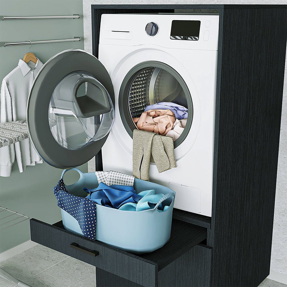 (Waschmaschinenschrank Roomart Mehrzweckschrank) Eiche schwarz Waschturm Schwarz eiche | Schrankaufsatz mit Waschmaschinenumbauschrank