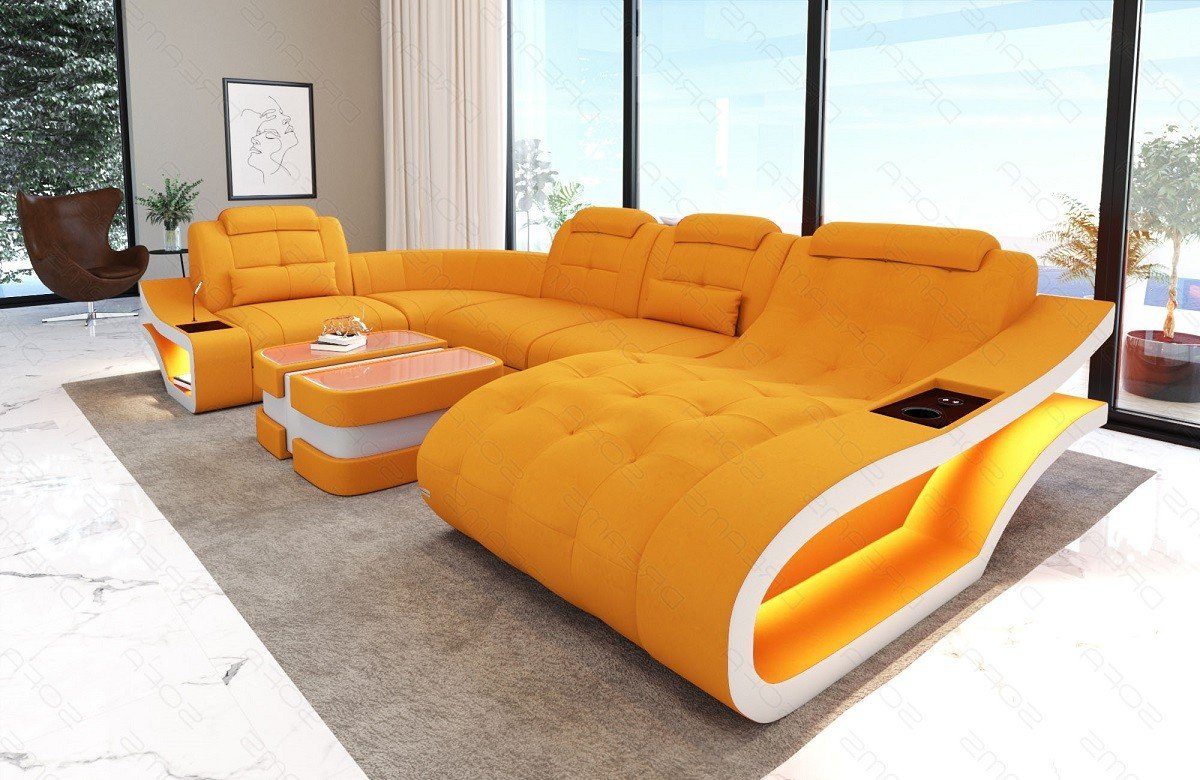 Sofa Dreams Wohnlandschaft Polster Stoffsofa Couch Elegante M - U Form Stoff Sofa, wahlweise mit Bettfunktion orange-weiß