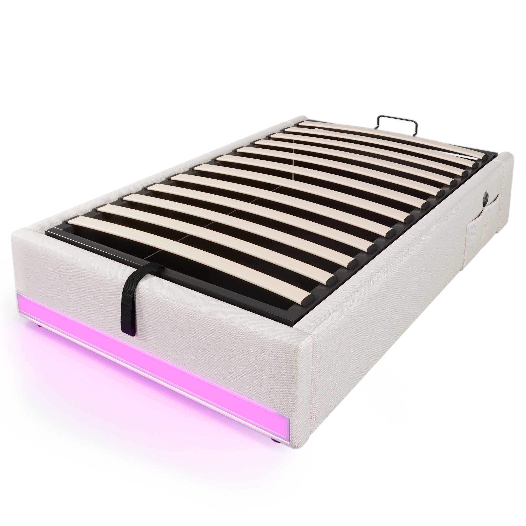 SOFTWEARY Futonbett mit LED-Beleuchtung und Aufbewahrung (mit Mehrfachsteckdose, 90x200 cm), Einzelbett ohne Kopfteil, Leinen