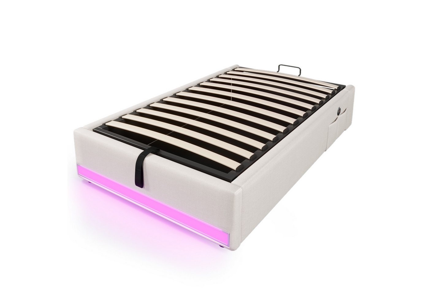 SOFTWEARY Futonbett mit LED-Beleuchtung und Aufbewahrung (mit Mehrfachsteckdose, 90x200 cm), Einzelbett ohne Kopfteil, Leinen