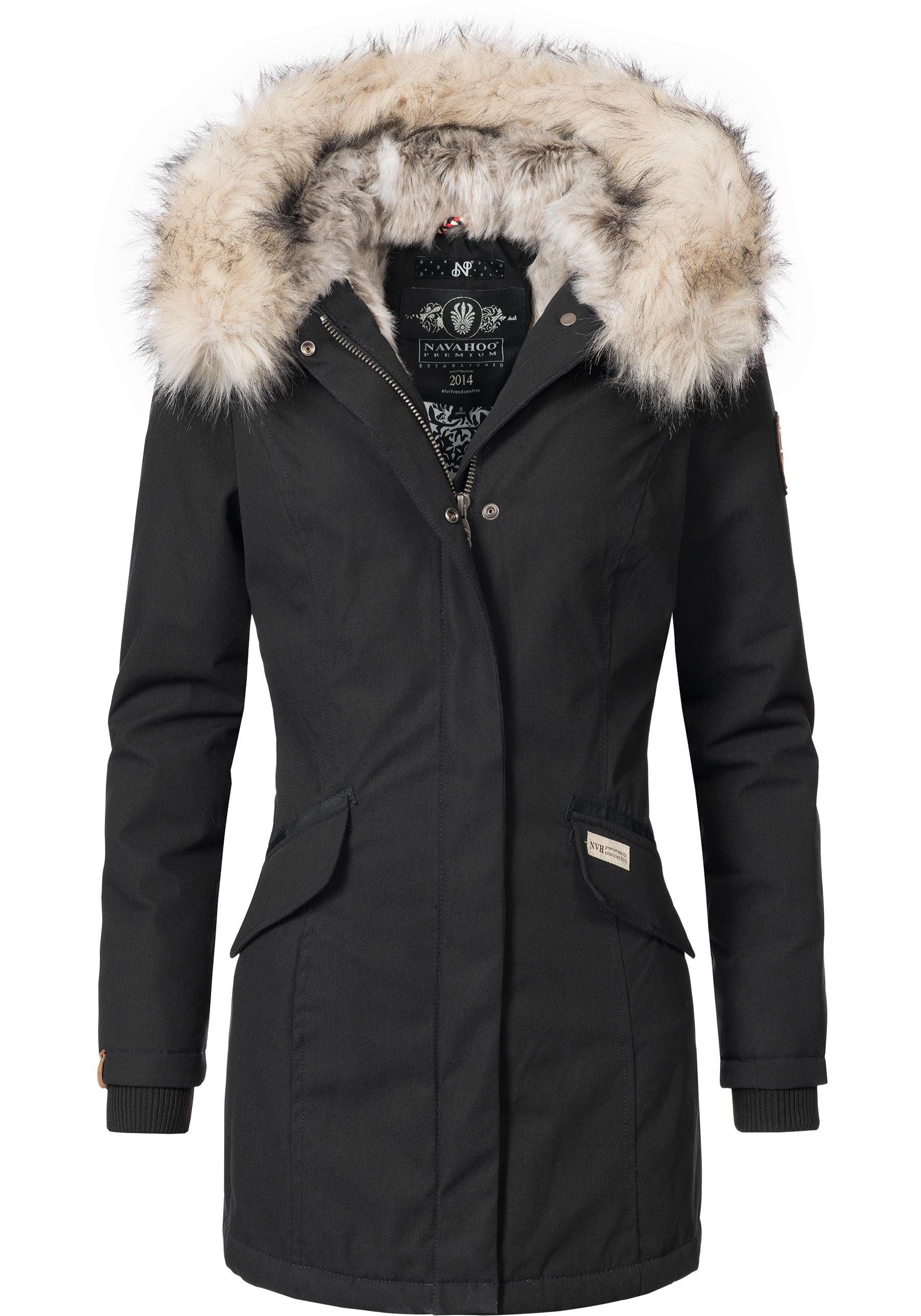 Navahoo Wintermantel Cristal stylischer Damen Winterparka mit Kunstfell-Kapuze schwarz