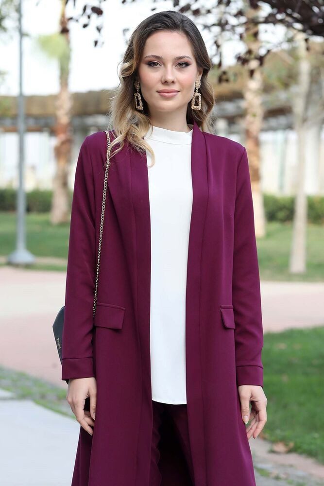 Modavitrini Hosenanzug Zweiteiler Damen Anzug Langarm Longblazer mit Hose Modest Fashion (Anzug Set) Offene Front ohne Verschluss – Bild 2 von 5