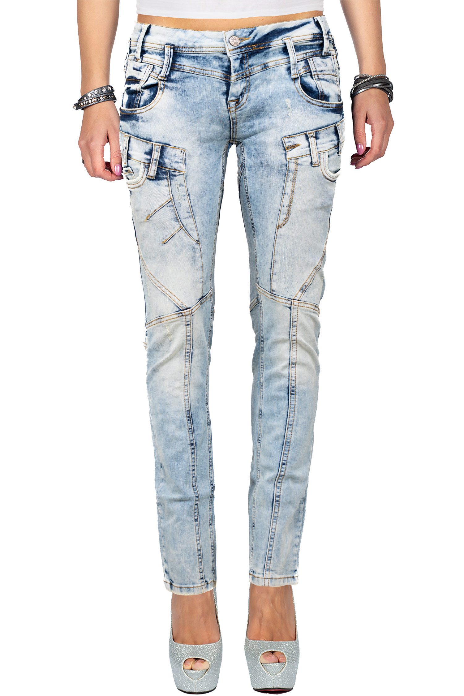 Cipo & Baxx Bikerjeans Stonewashed Hose BA-WD216 mit Verzierungen und Zusätzlichen Taschen