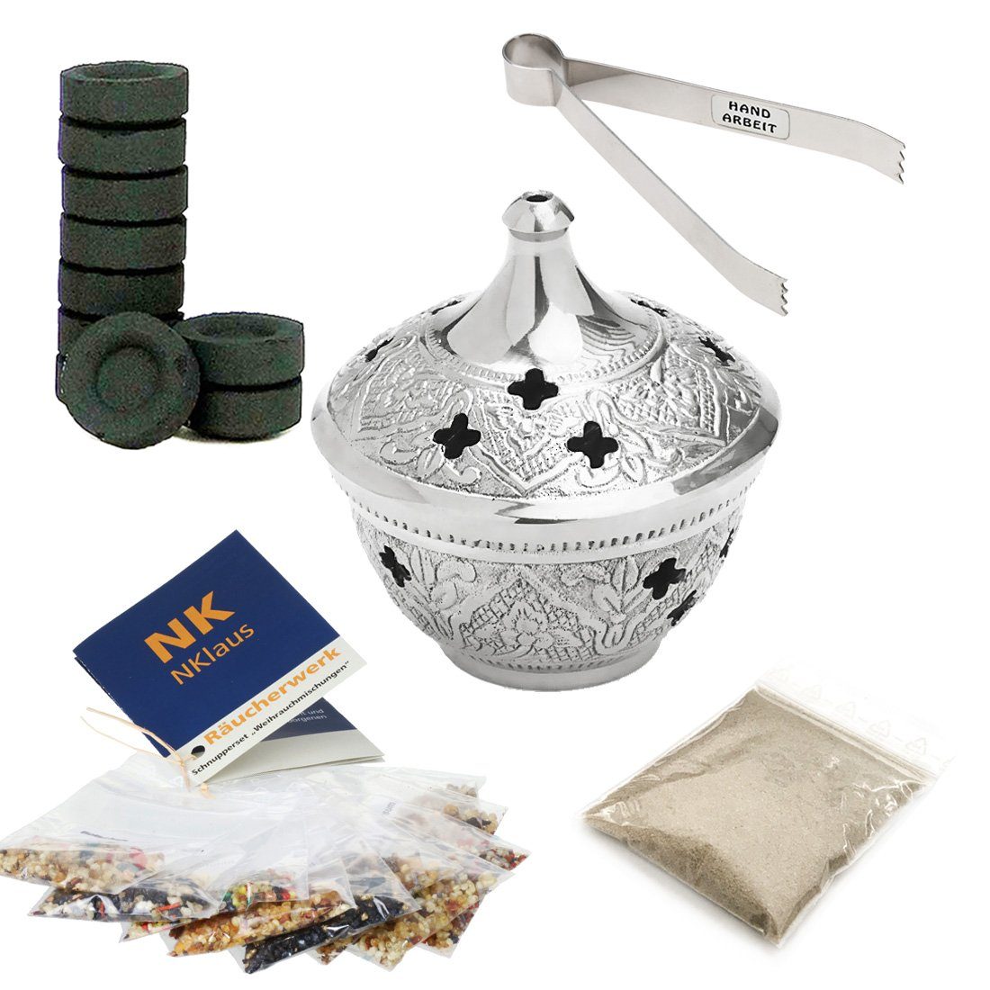 NKlaus Räucherschale 14tlg Set Räucherschale 10x Räucherwerk 40g Räuchersand Räucherkohle K, Räucherstövchen