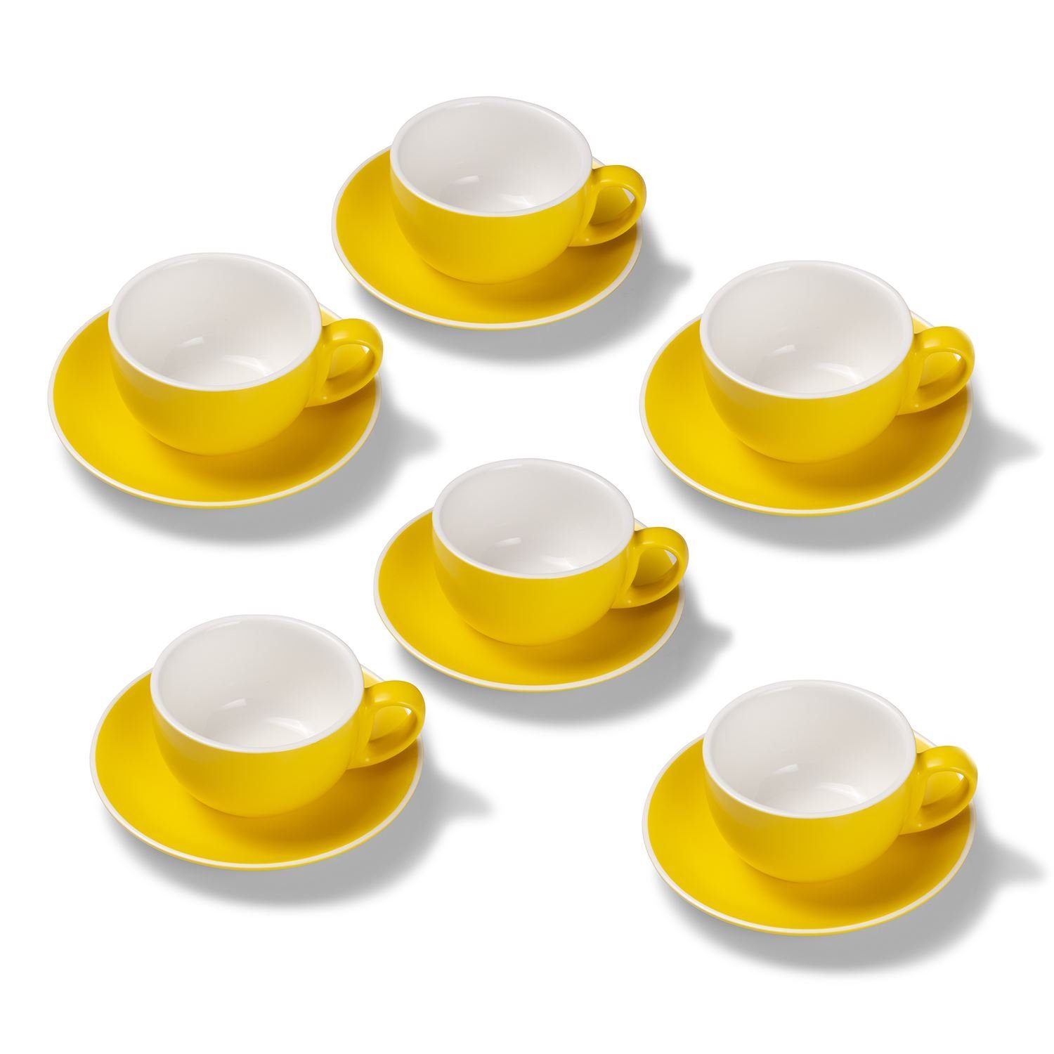 Tasse 6er Milchkaffeetassen-Set, Gelb matt 350 ml mit Untertasse, Porzellan, spülmaschinenfest,extra dickwandig