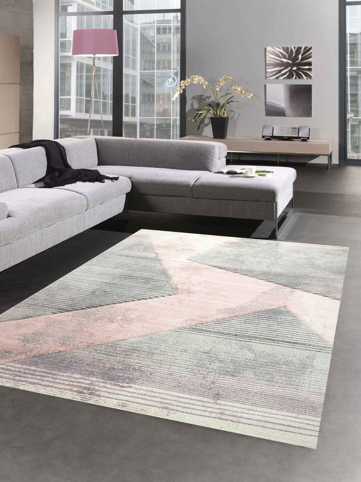 Teppich Abstrakter Teppich Wohnzimmer modernes gestreiftes Muster grün rosa  grau - pflegeleicht, Carpetia, rechteckig, Höhe: 13 mm