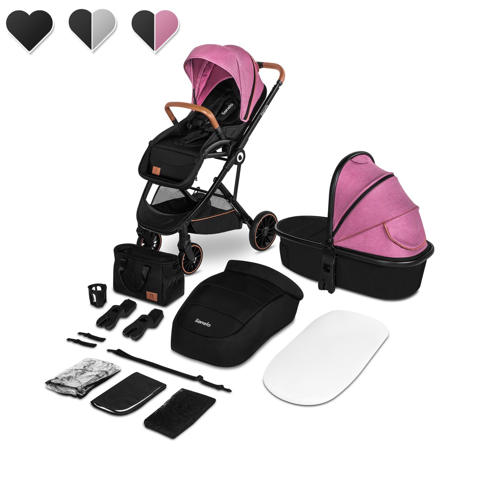 lionelo Kombi-Kinderwagen RIYA-2in1, 2in1 Rückwärts- oder vorwärts große Räder Zubehör Rosa