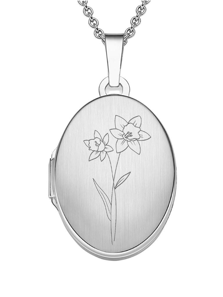 Amoonic Amulett Medaillon Oval Gravur Geburtsblume zum Öffnen für Bilder Silber 925 (inkl. Schmucktäschchen), Anhänger aufklappbar befüllbar Foto Gravur Geburtsblume März
