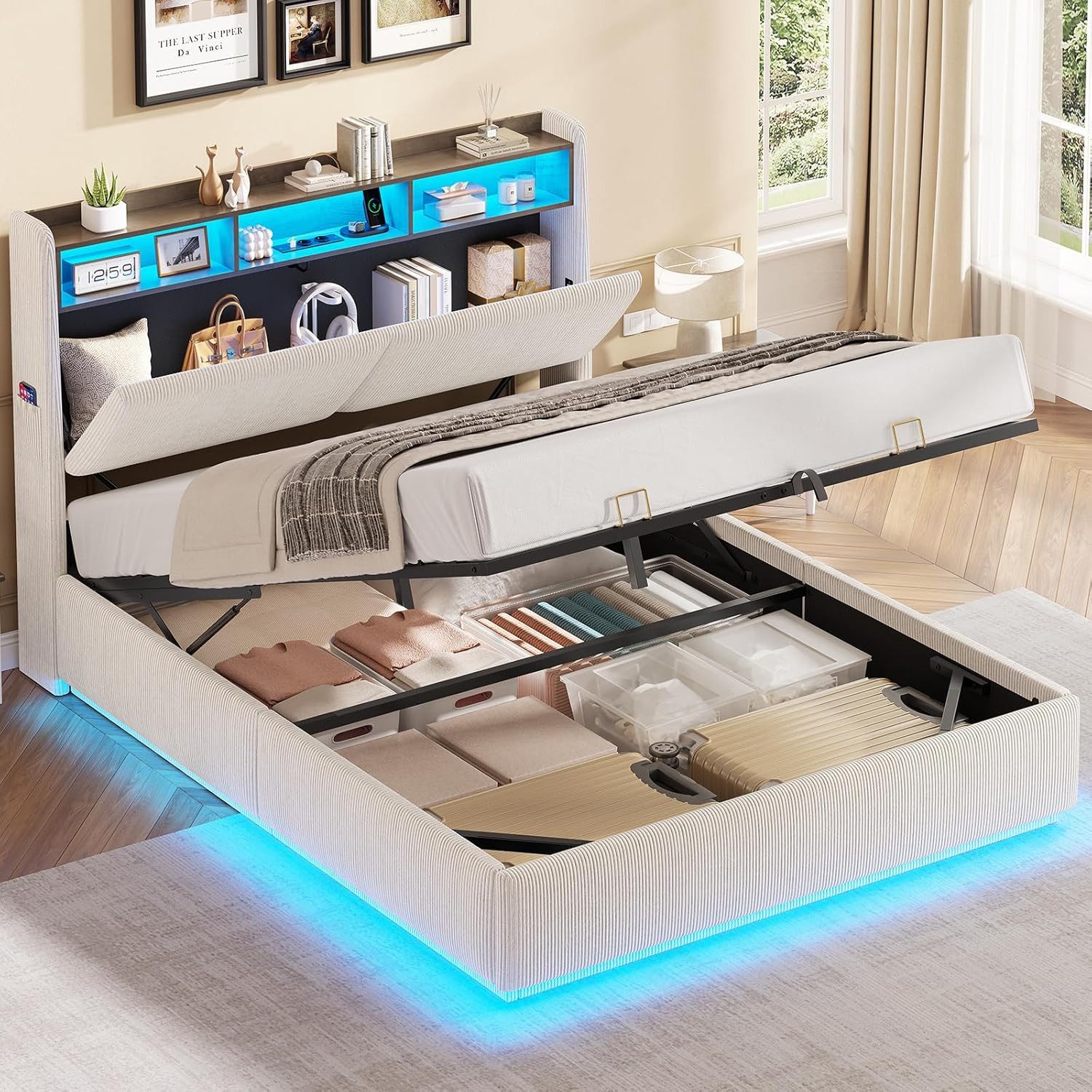 MSMASK Polsterbett Hydraulisches Stauraumbett mit LED Beleuchtung und Steckdosen (1-tlg., Ohne Matratze), Jugendbett mit Stauraum Kopfteil, 140x200cm – Bild 3 von 5
