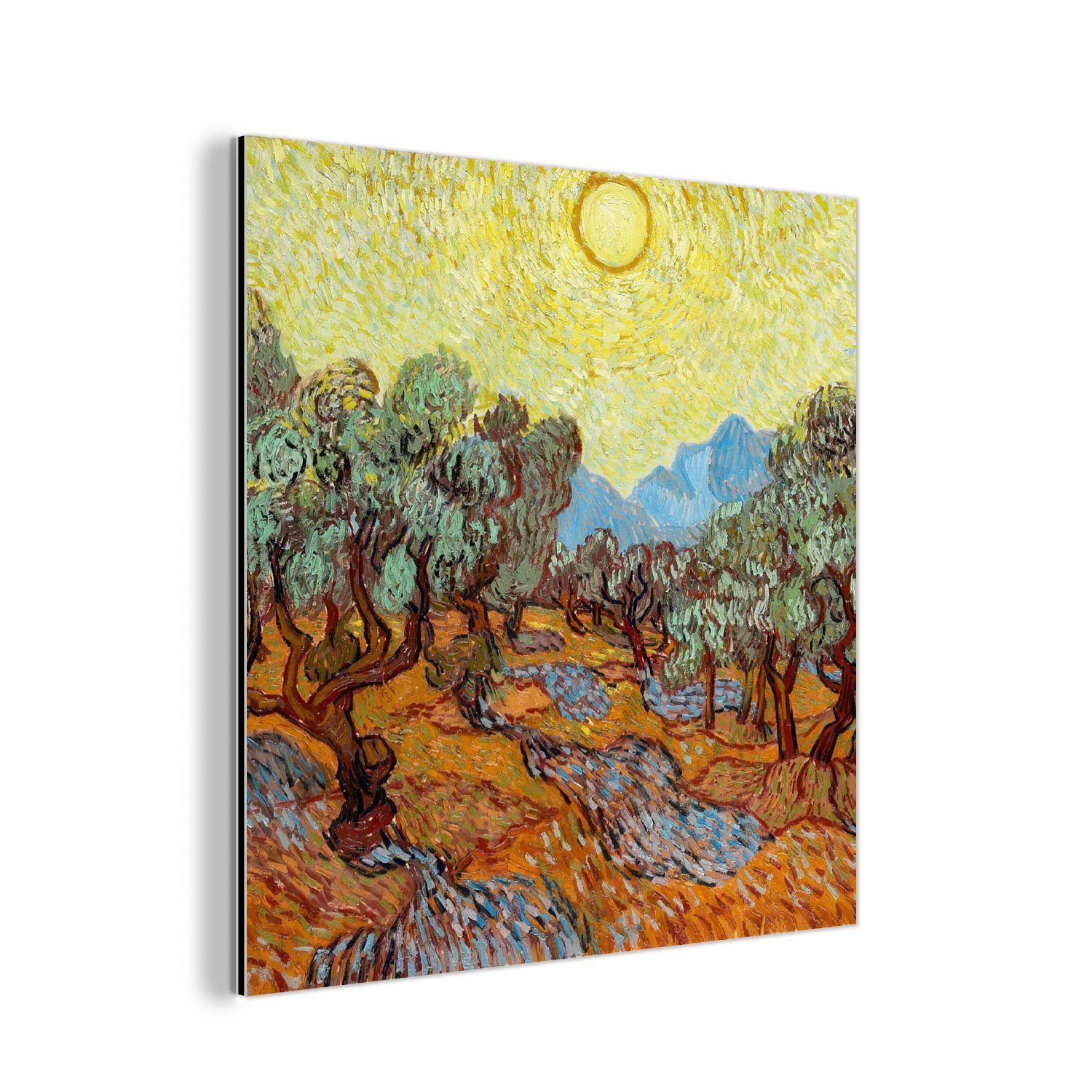 MuchoWow Metallbild Olivenbäume mit gelbem Himmel und Sonne - Vincent van Gogh, (1 St), Alu-Dibond-Druck, Gemälde aus Metall, Aluminium deko