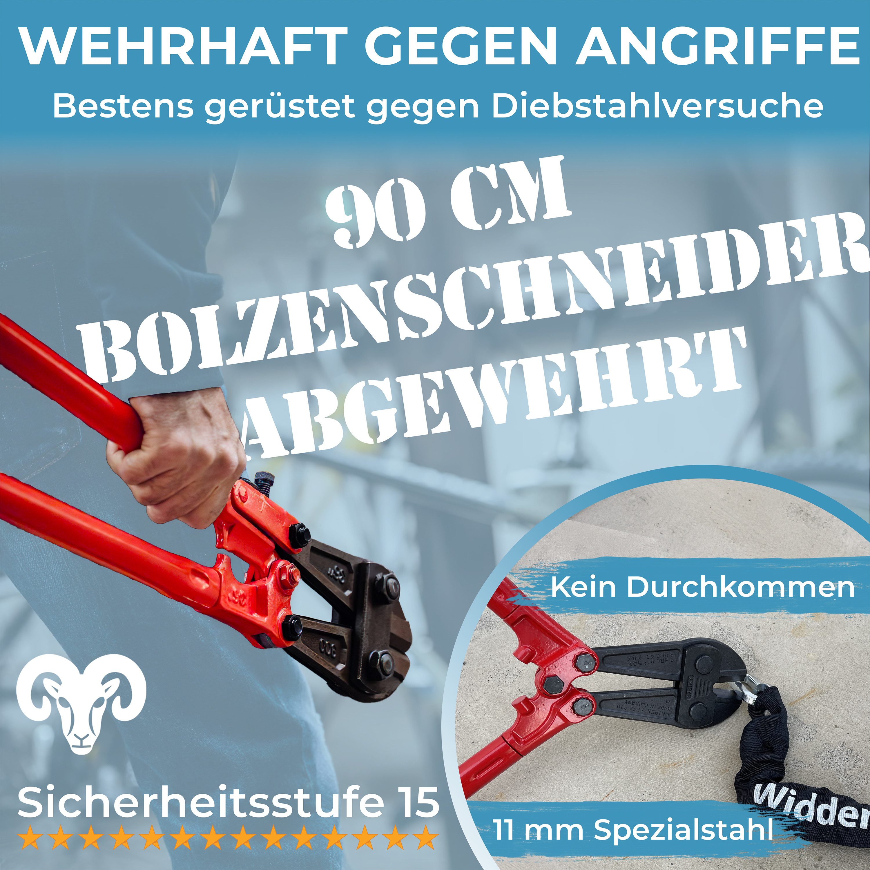 Widder Kettenschloss Motorrad [Titan-Stahl Level 15] sicheres Motorradschloss [4 Schlüssel], 115cm lang • 11mm Massiv-Stahl • Motorrad Moped E-Bike Fahrrad Scooter