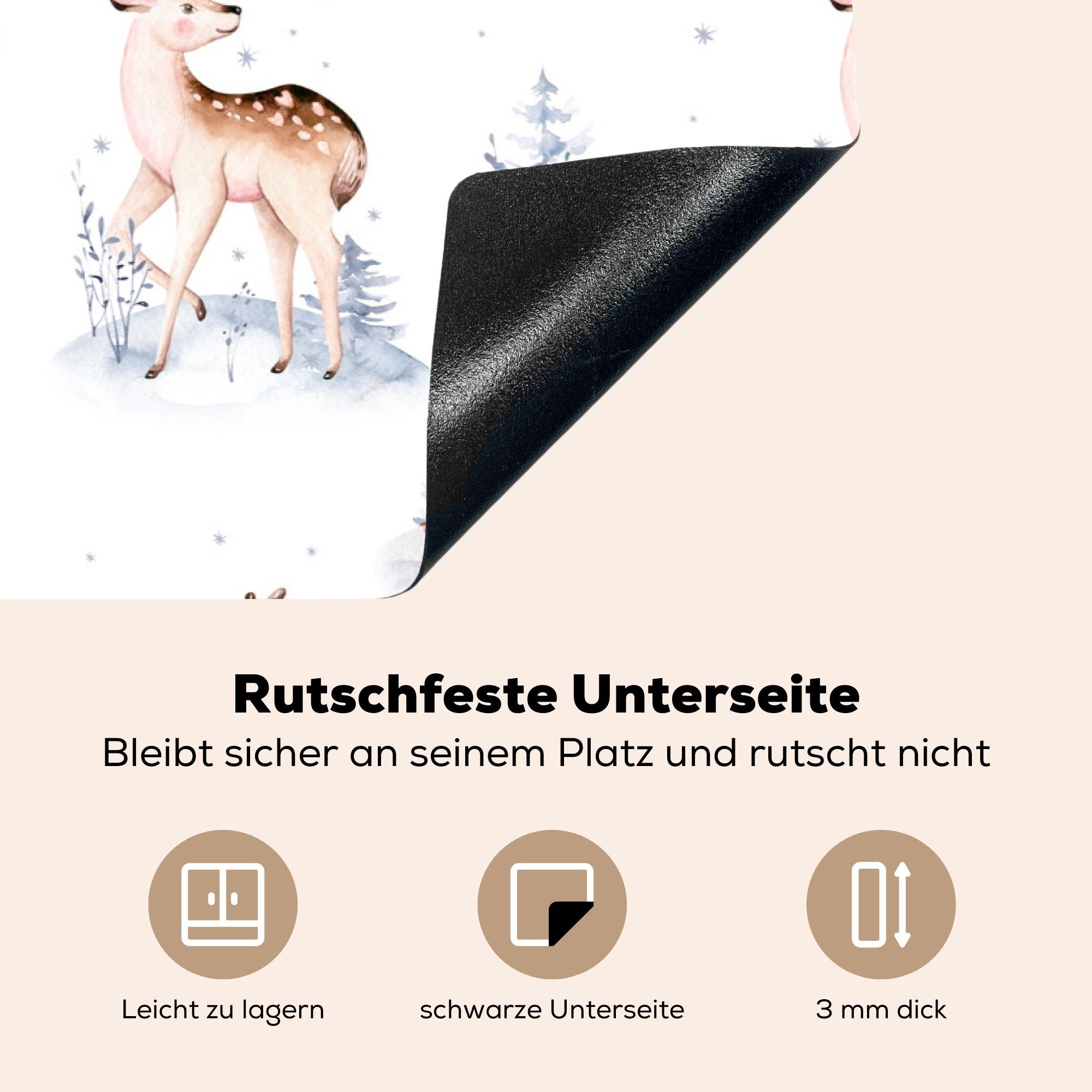 küche, Induktionskochfeld - MuchoWow Schutz Hirsche, cm, 81x52 Schnee Ceranfeldabdeckung tlg), (1 Winter Herdblende-/Abdeckplatte - für Vinyl, die