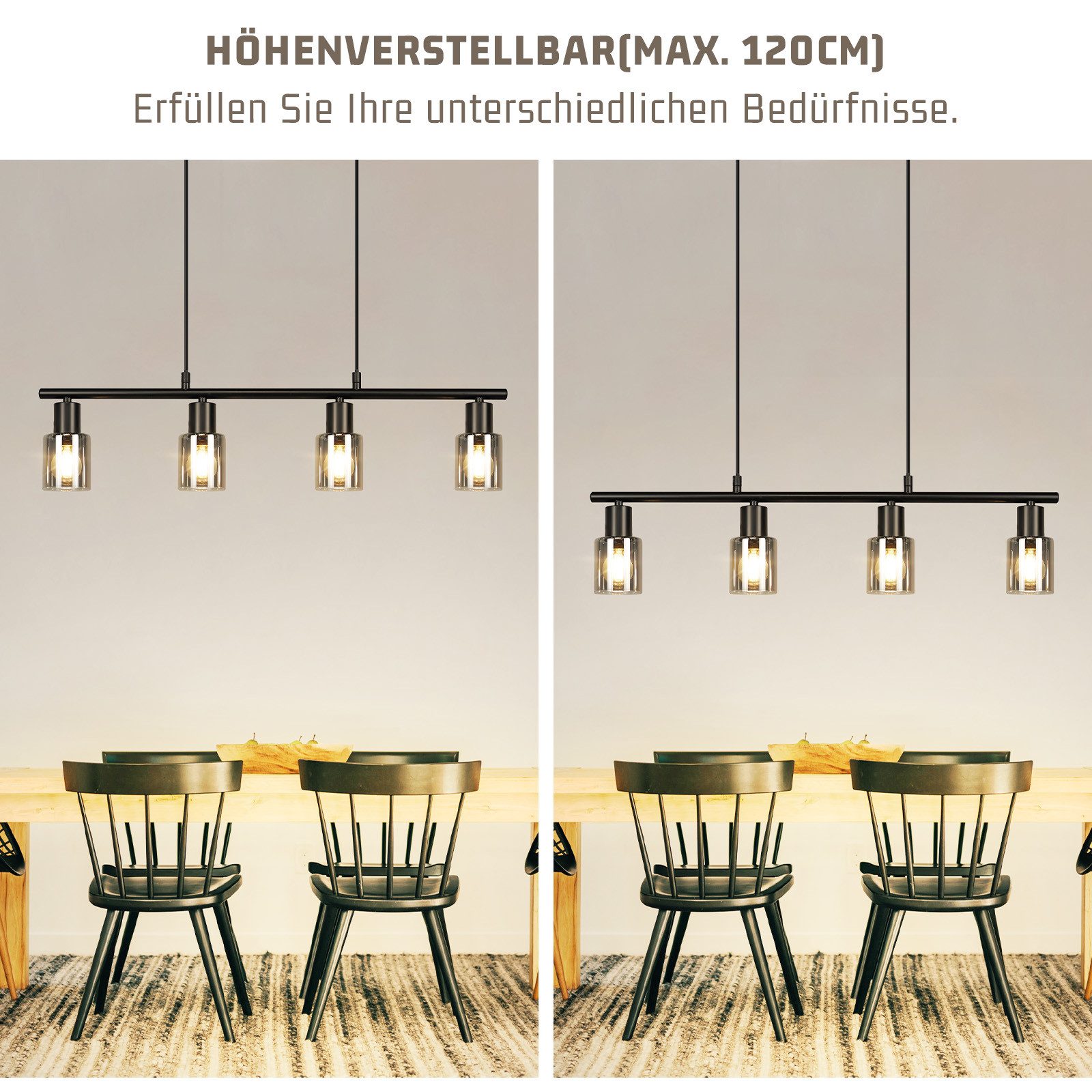 Nettlife Pendelleuchte Esstisch Vintage Schwarz Glas 4 flammig E14 industrial Hängelampe, LED wechselbar, Retro Pendellampe für Esszimmer Wohnzimmer Küche – Bild 2 von 5