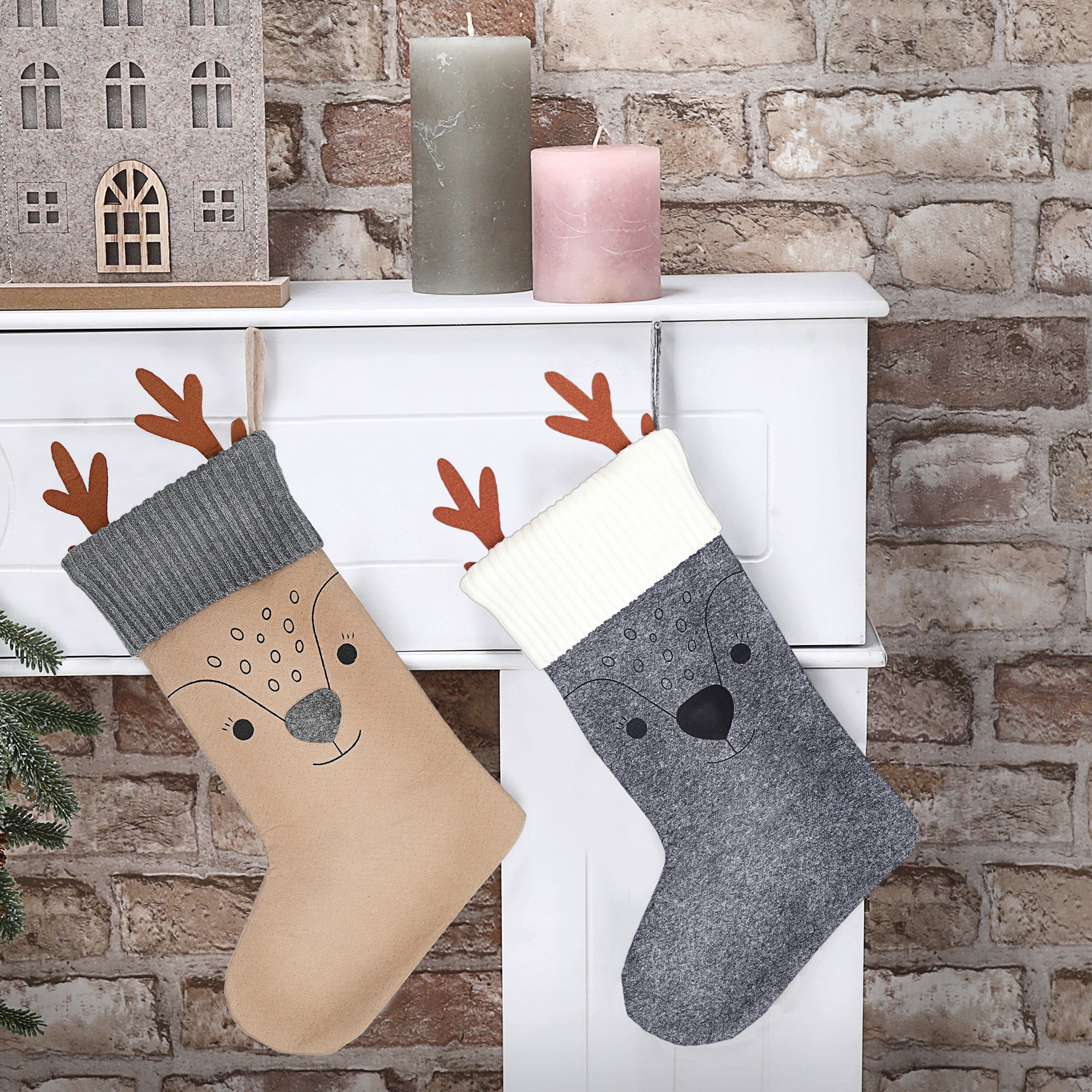 CEPEWA Nikolausstiefel grau 2er Rentier Weihnachtssocke 20x40x2cm Set beige Socke Filz