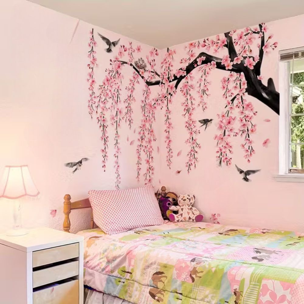 Montegoni Wandsticker XXl Selbstklebende Wandaufkleber Set – Kirschblüten, Vögel & Äste (Set, 4 selbstklebenden Wandaufklebern), Selbstklebend, leicht anzubringen, asiatisches Design mit Kirschblüten