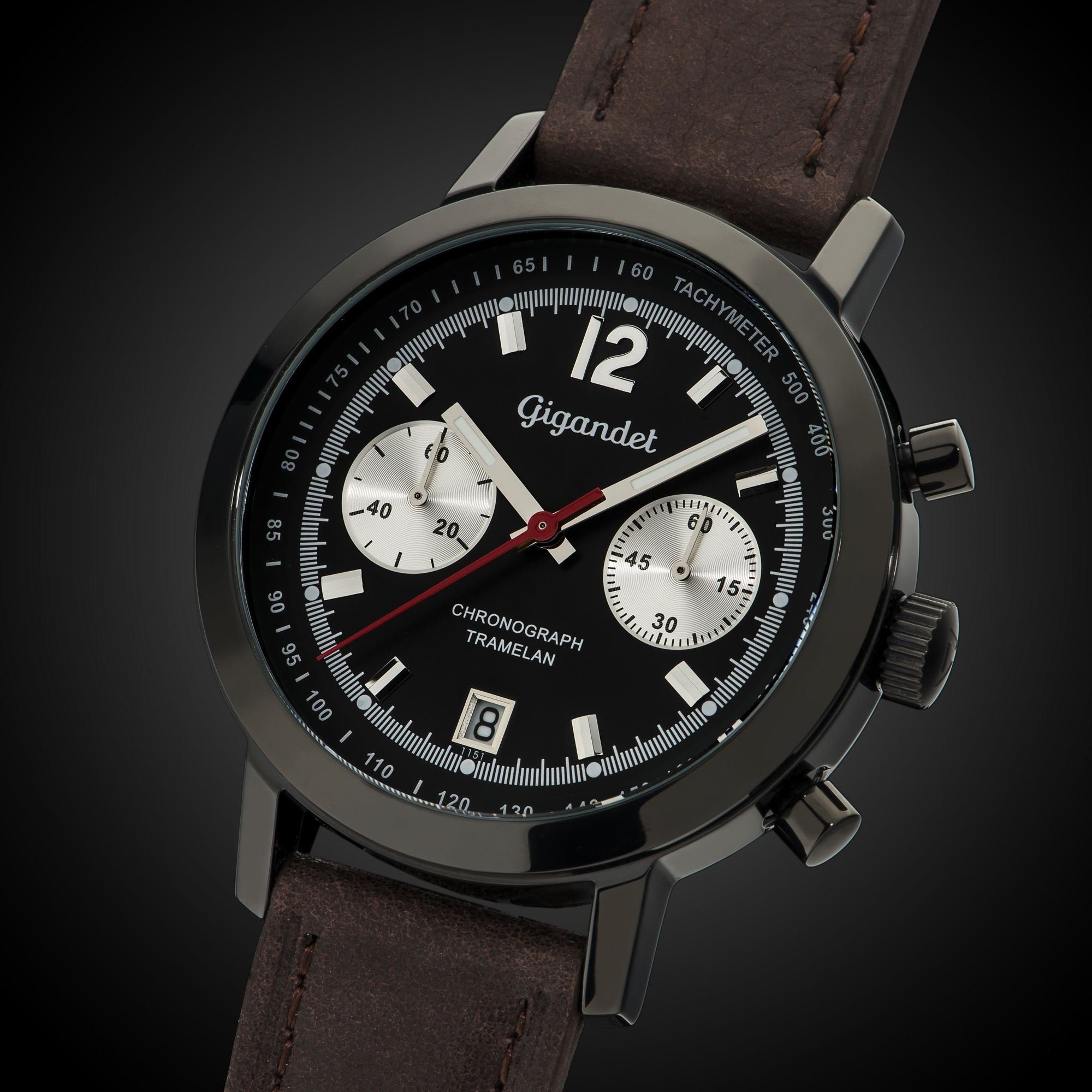 Gigandet Chronograph Armbanduhr, Herrenuhr, Sportuhr, 43mm, TRAMELAN G10-003, Mineralglas, Datumsanzeige, Lederband, 10bar/100m wasserdicht