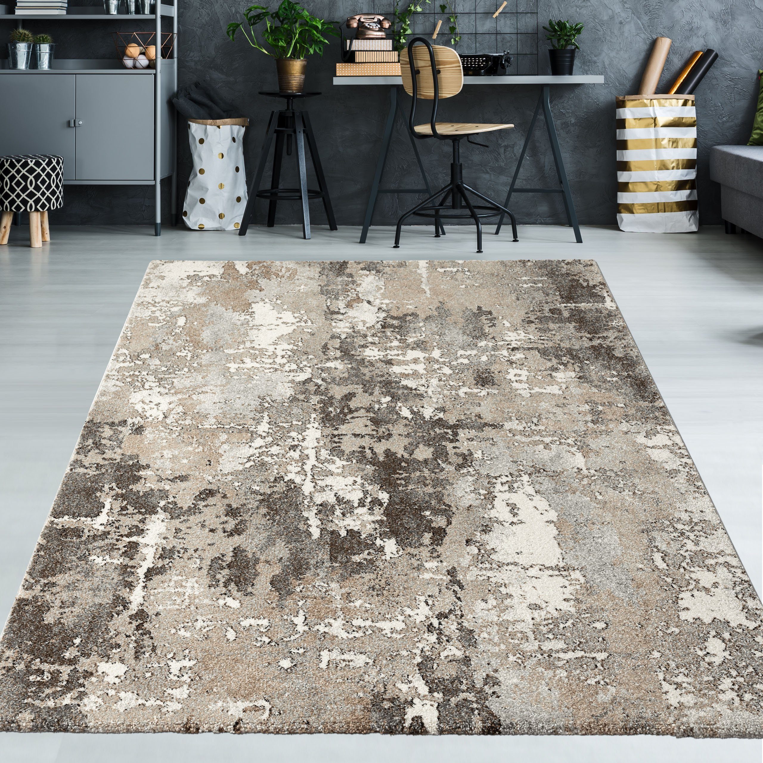 Teppich Abstrakter Designerteppich für Flur & Aufenthaltsraum in braun grau, TeppichHome24, rechteckig