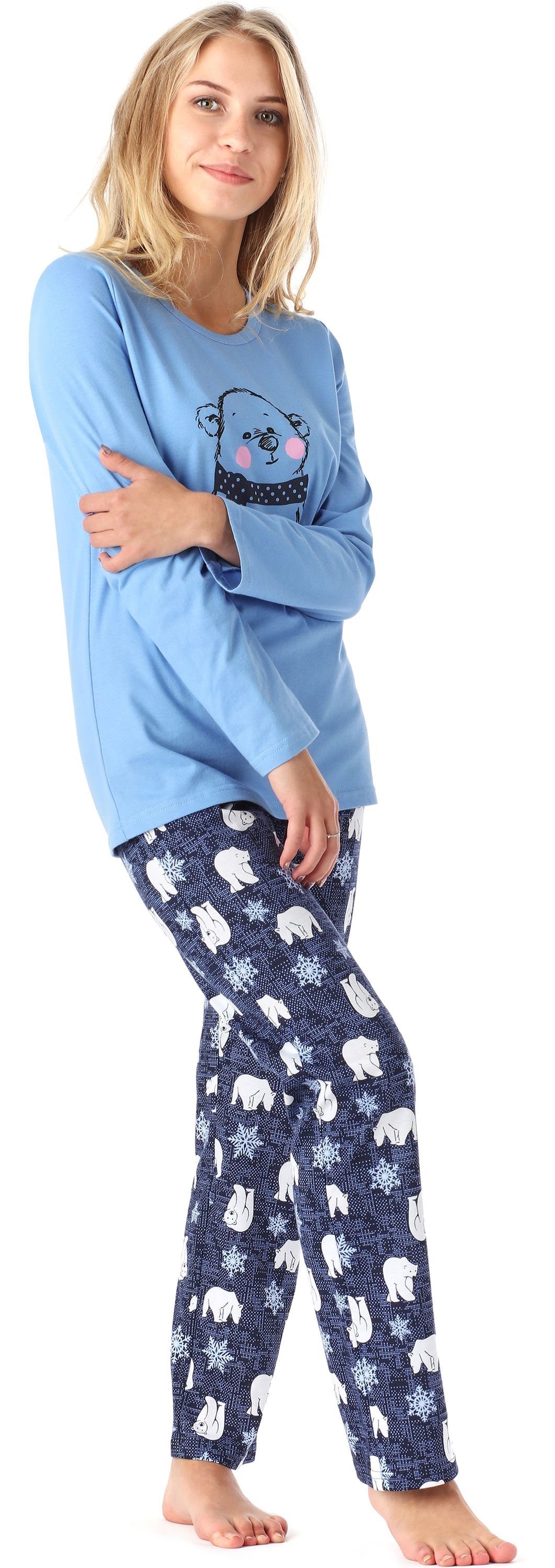 Merry Style Schlafanzug Bär Pyjama Damen MS10-192 Winter Blau Lang Zweiteilieger Schlafanzug
