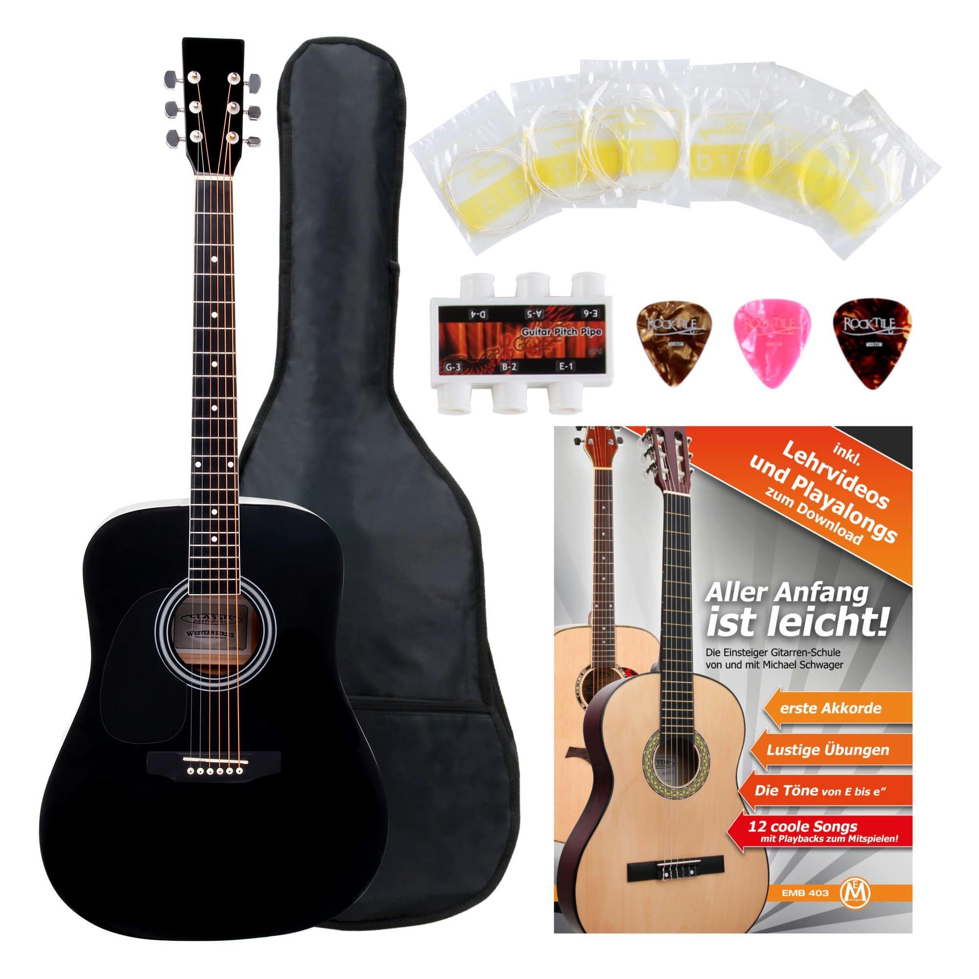 Classic Cantabile Westerngitarre Gitarrenset für Linkshänder - Dreadnought-Style, Lefthand, Inkl. Tasche, Plektren, Ersatz-Saiten und Stimmpfeife, Starter-Set, inkl. 5-teiligem Zubehörset