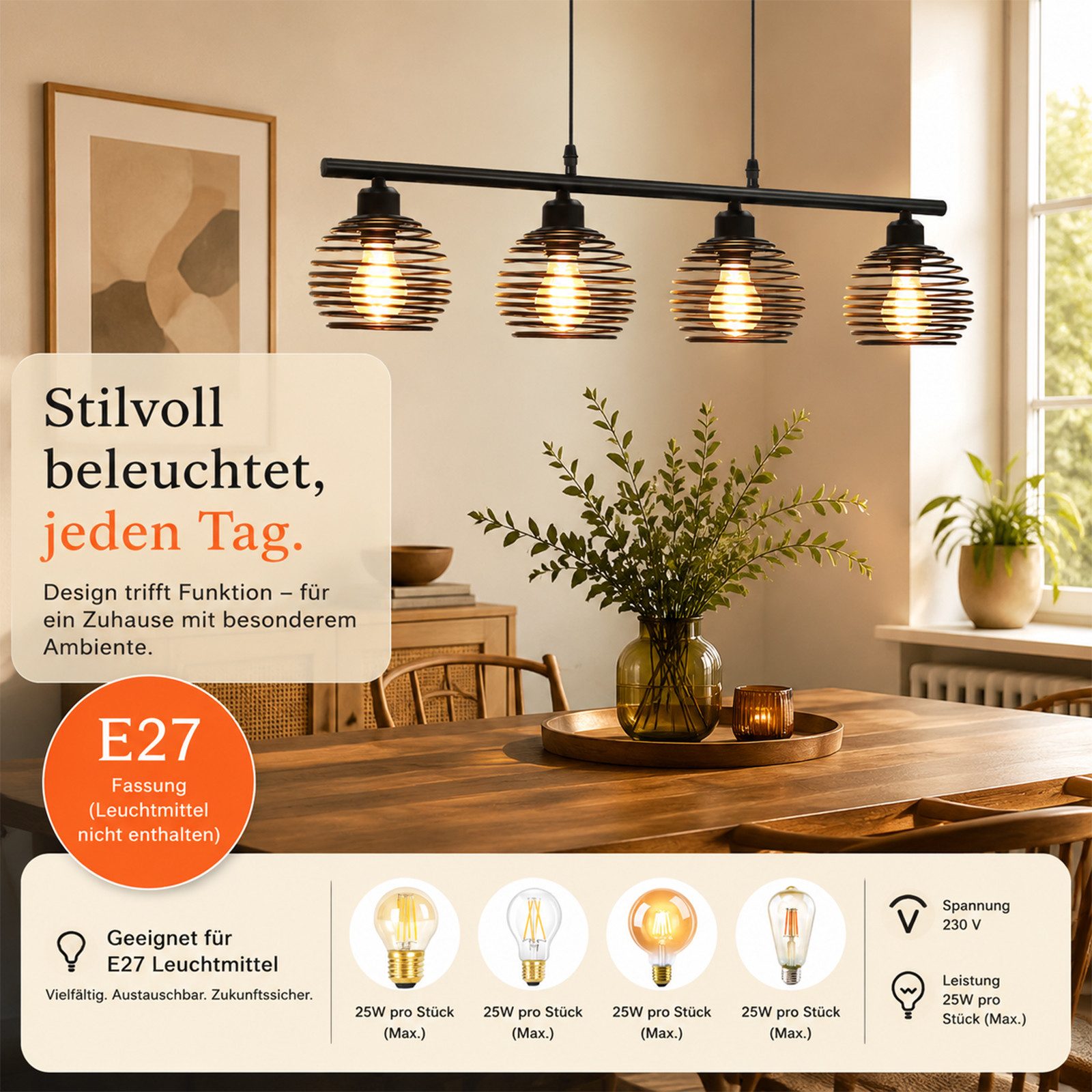 Nettlife Pendelleuchte Schwarz Esstisch Vintage Metall E27 Hängelampe Retro Hängeleuchte, LED wechselbar, für Esstisch Küche Esszimmer Wohnzimmer Arbeitszimmer Büro