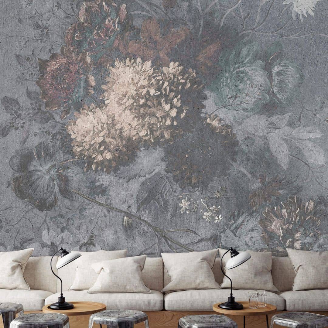 KUNSTLOFT living walls Fototapete Große Vliestapete XXL Fototapete Vintage Blume Shabby Chic Beton 3m x 2.7m by Patel, Tapete bouquet gris