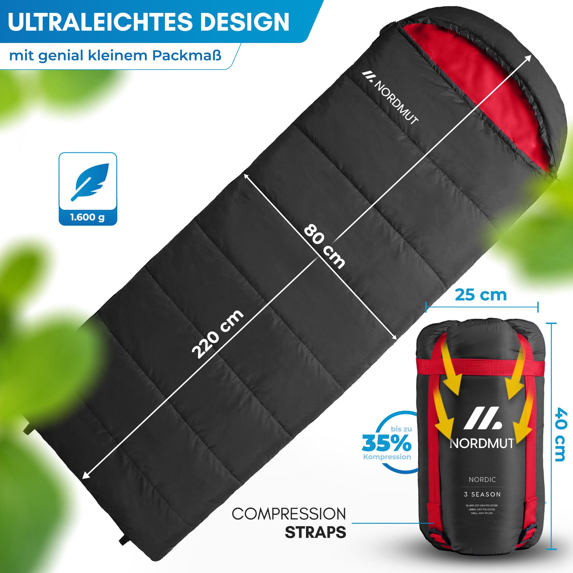 Nordmut Deckenschlafsack Sommer 3 Jahreszeiten Camping Outdoor, kleines Packmaß, leicht, warm (Spar-Set, 1 tlg., Nordmut Pihtso + Kompressionsbeutel), wasserabw – Bild 5 von 5