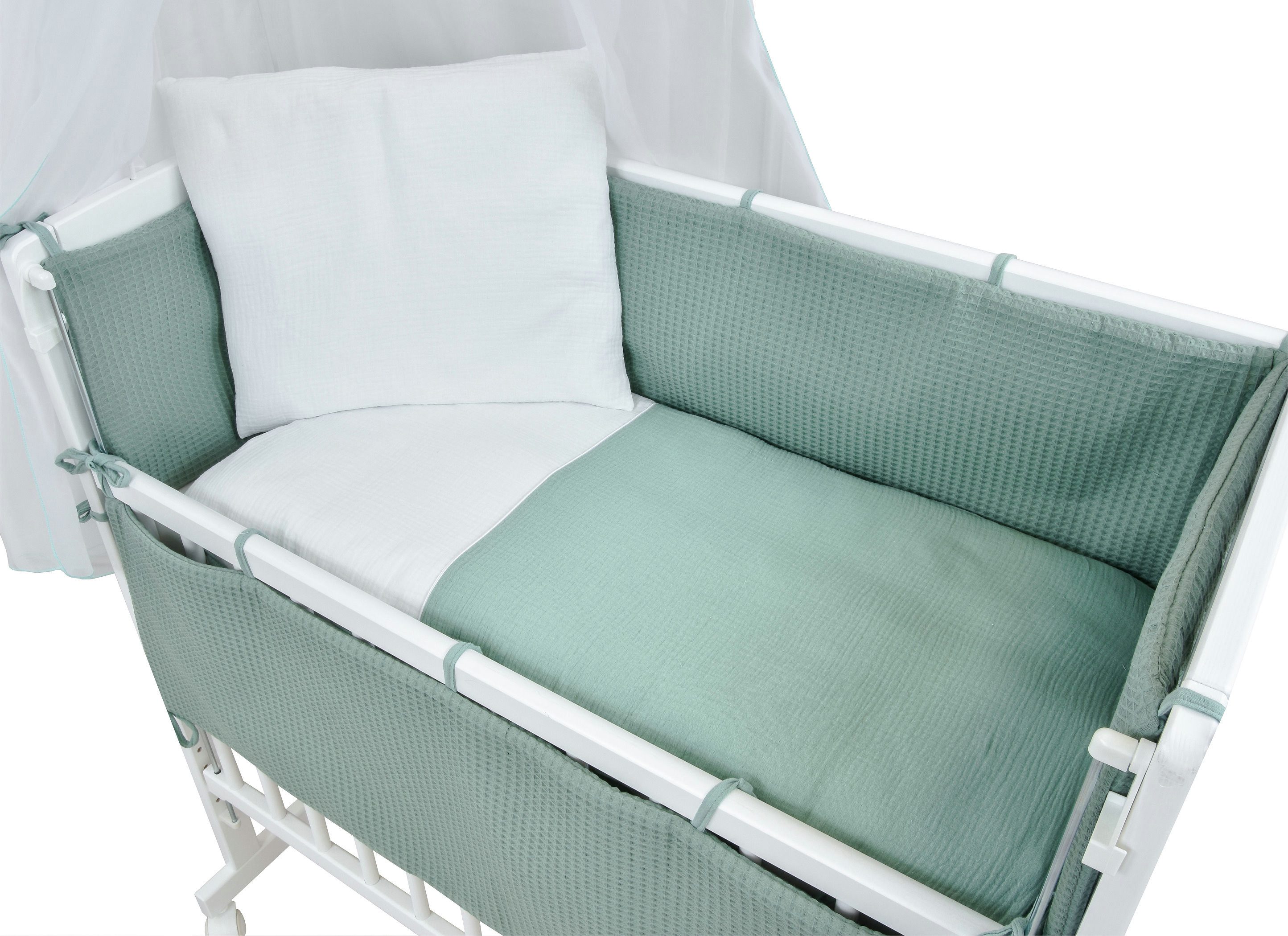 Baby-Delux Stubenbett Beistellbett Komplettset Waffelpique Musselin, Stillbett 90x40 weiß höhenverstellbar, Matratze inkl. komplett Set