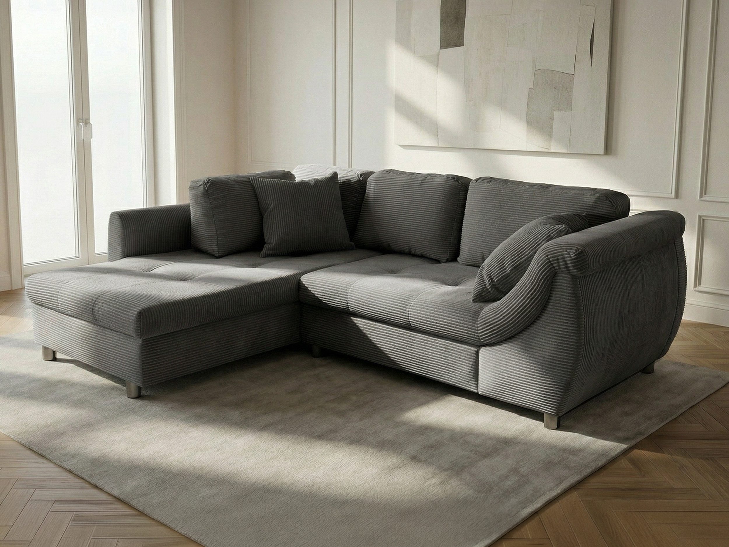 Massivart® Ecksofa Cord mit Bettfunktion / 250 x 190 cm / Nosagfederung »LUNARO«, Schlaffunktion · Metallfüße · Kissen-Set · frei im Raum stellbar