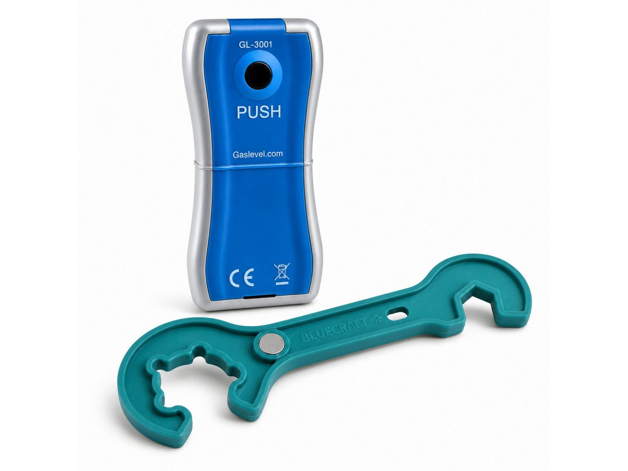 GASLOCK Druckminderer Gasflaschen Füllstandsanzeiger mit Ultraschallsensor & Gasreglerlöser, (Füllstandsanzeiger & Gasflaschenschlüssel für 1/4"-Überwurfmuttern), für 2,5 kg - 33 kg Stahl - & Alugasflaschen ideal für Camping