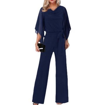 FIDDY Jumpsuit Damen V-Ausschnitt Einfarbig 3/4 ärmel Latzhosen mit Gürtel Playsuit