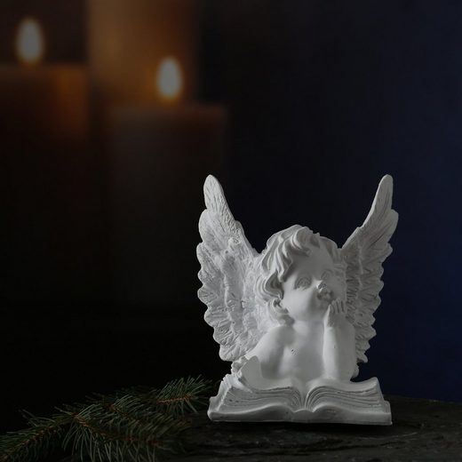 MARELIDA Engelfigur »Träumender Engel mit Buch Gartenfigur Grabschmuck Grabengel weiß Blick links«