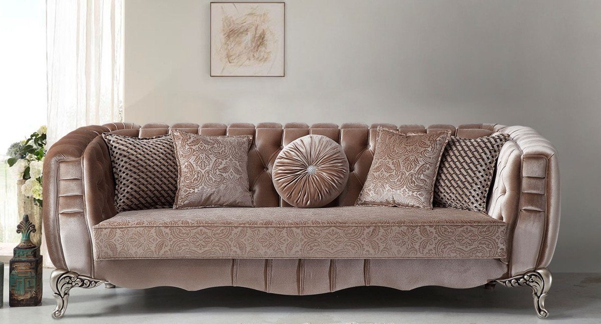 Casa Padrino Sofa Luxus Barock Sofa Rosa / Silber 235 x 103 x H. 82 cm -  Barockstil Wohnzimmer Sofa mit dekorativen Kissen - Barock Wohnzimmer Möbel