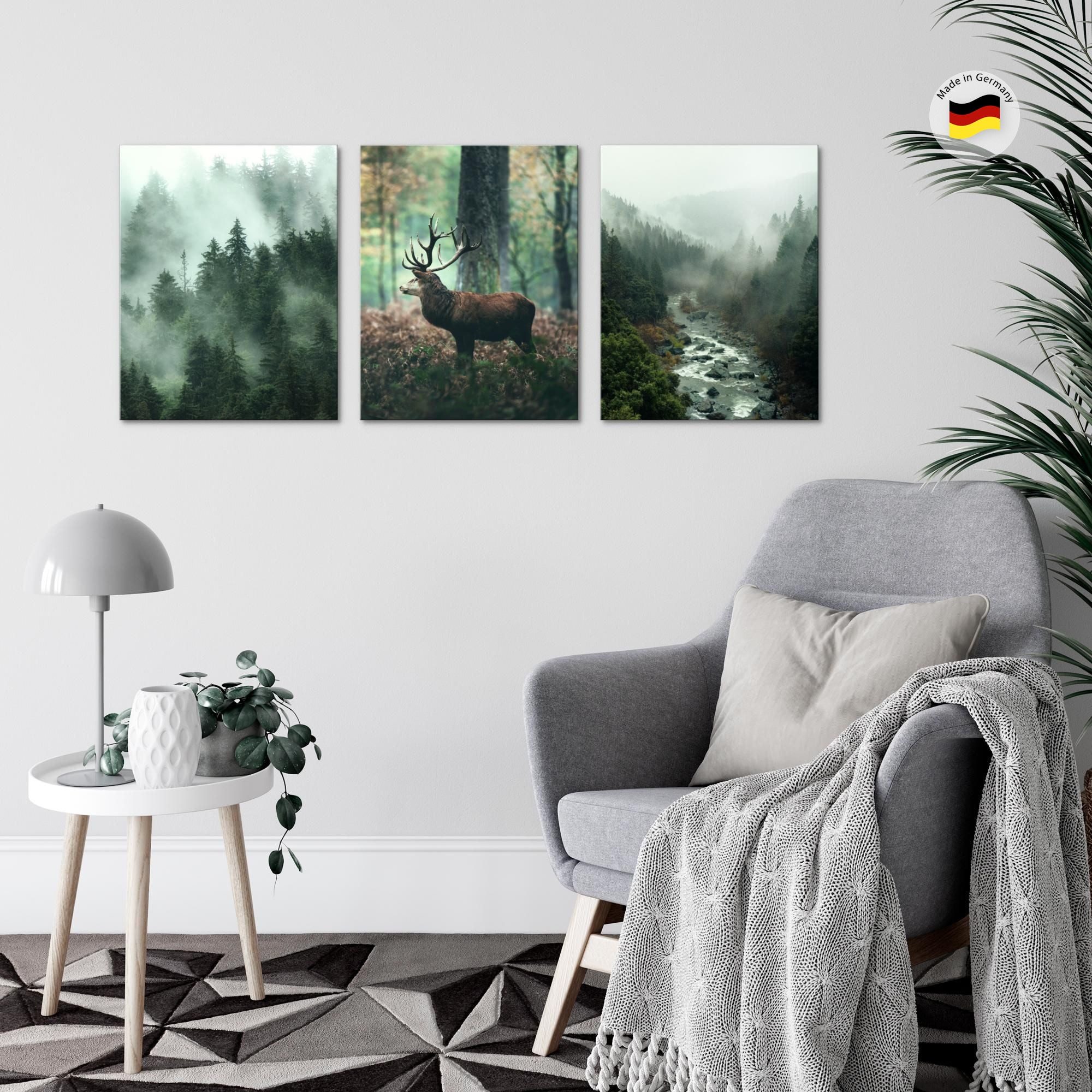 Novart Wandbild Wald Natur Bilder Set 3 Teilig Wohnzimmer Schlafzimmer Deko, Wald Hirsch – Bild 4 von 5