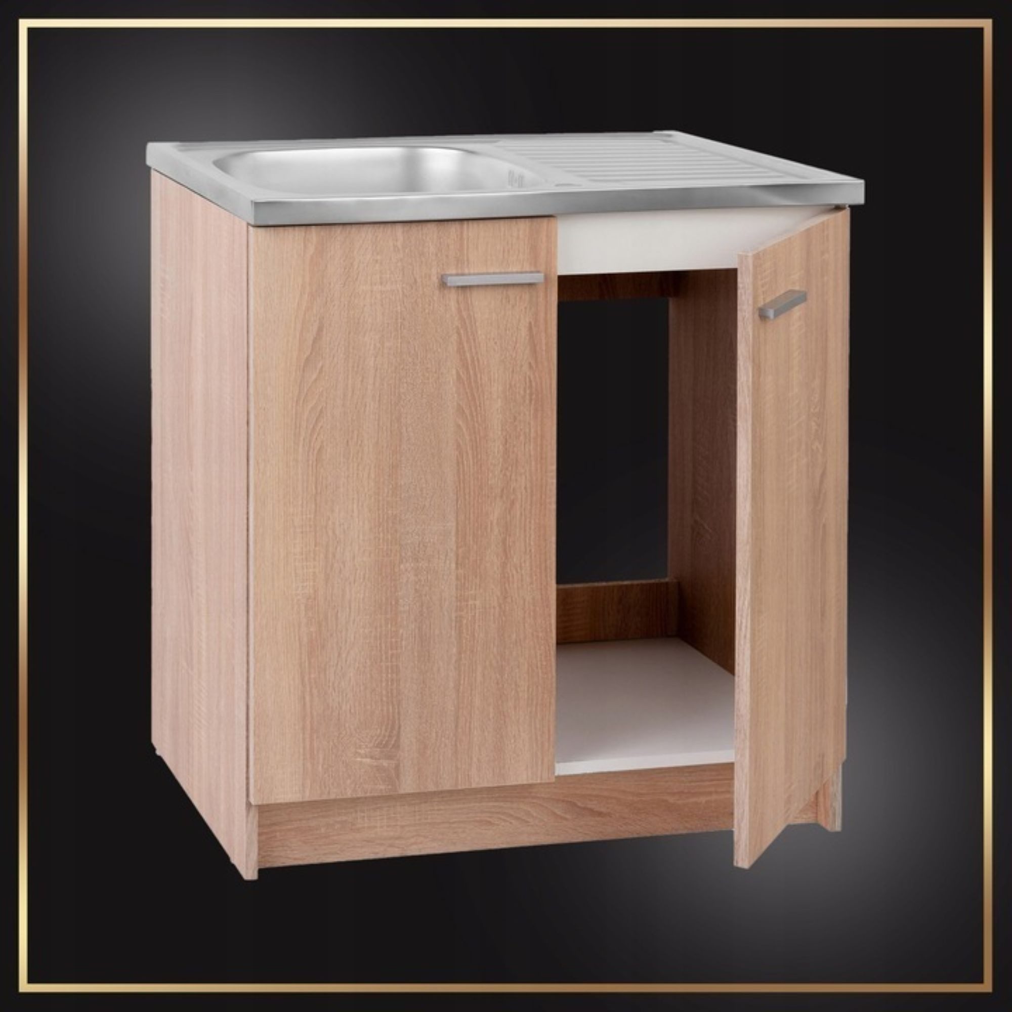 STAMAR Spülenschrank Küchenschrank 80cm Sonoma Spüle Abtropf Armatur Schwarz Elastisch XXL Standschrank 49cm Tiefe Siphon Geschirrspüler Komplett Montagefertig