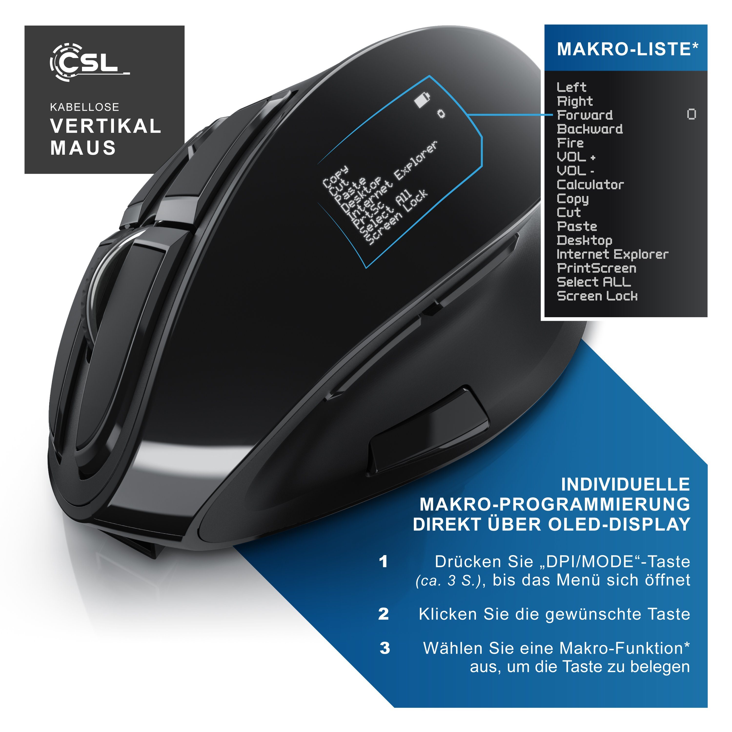 CSL ergonomische Maus (Bluetooth, Funk, Vertikal, optisch, kabellos, 2,4 Ghz, Armschonend, bis 2400 dpi)