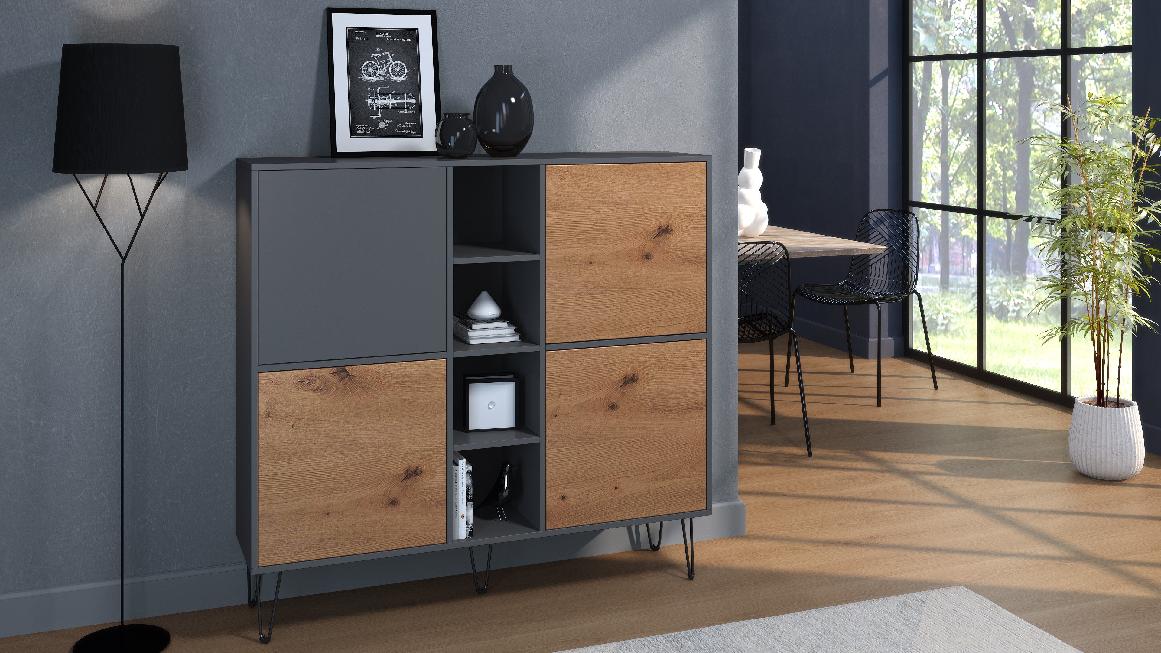 Vladon Highboard Havana V3 (Sideboard mit 4 Türen und 4 offene Fächer, Kommode Made in Germany), Anthrazit matt / Eiche Evoke (130,5 x 124 x 35 cm)