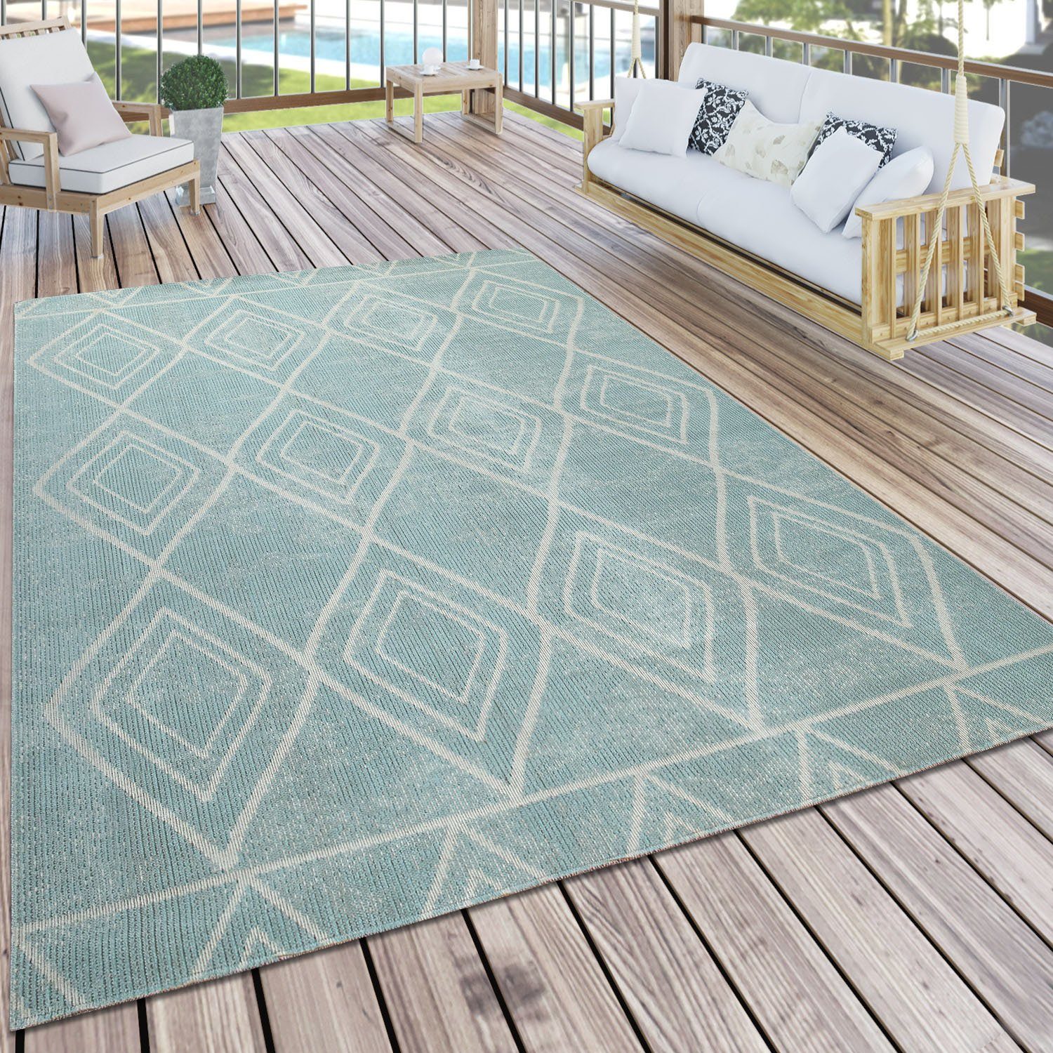 Teppich Artigo 427, Paco Home, mm, 2 geeignet Outdoor In- Höhe: türkis Kurzflor, Design, rechteckig, Rauten und