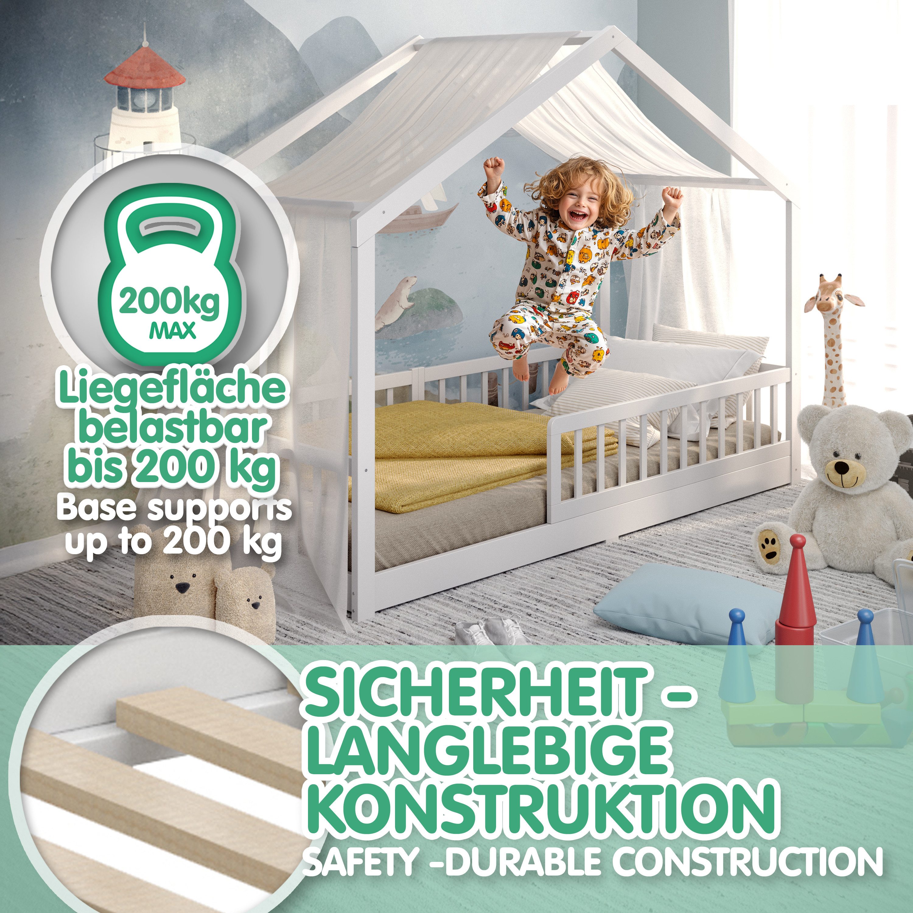CADANI Kinderbett Malte Hausbett Bodenbett Rausfallschutz abnehmbar bis 200 kg belastbar (90x200 cm, Montessori Kinder- & Jugendbett aus Kiefer Massivholz), inkl. stabilem Roll-Lattenrost, langfristig nutzbar, Weiss