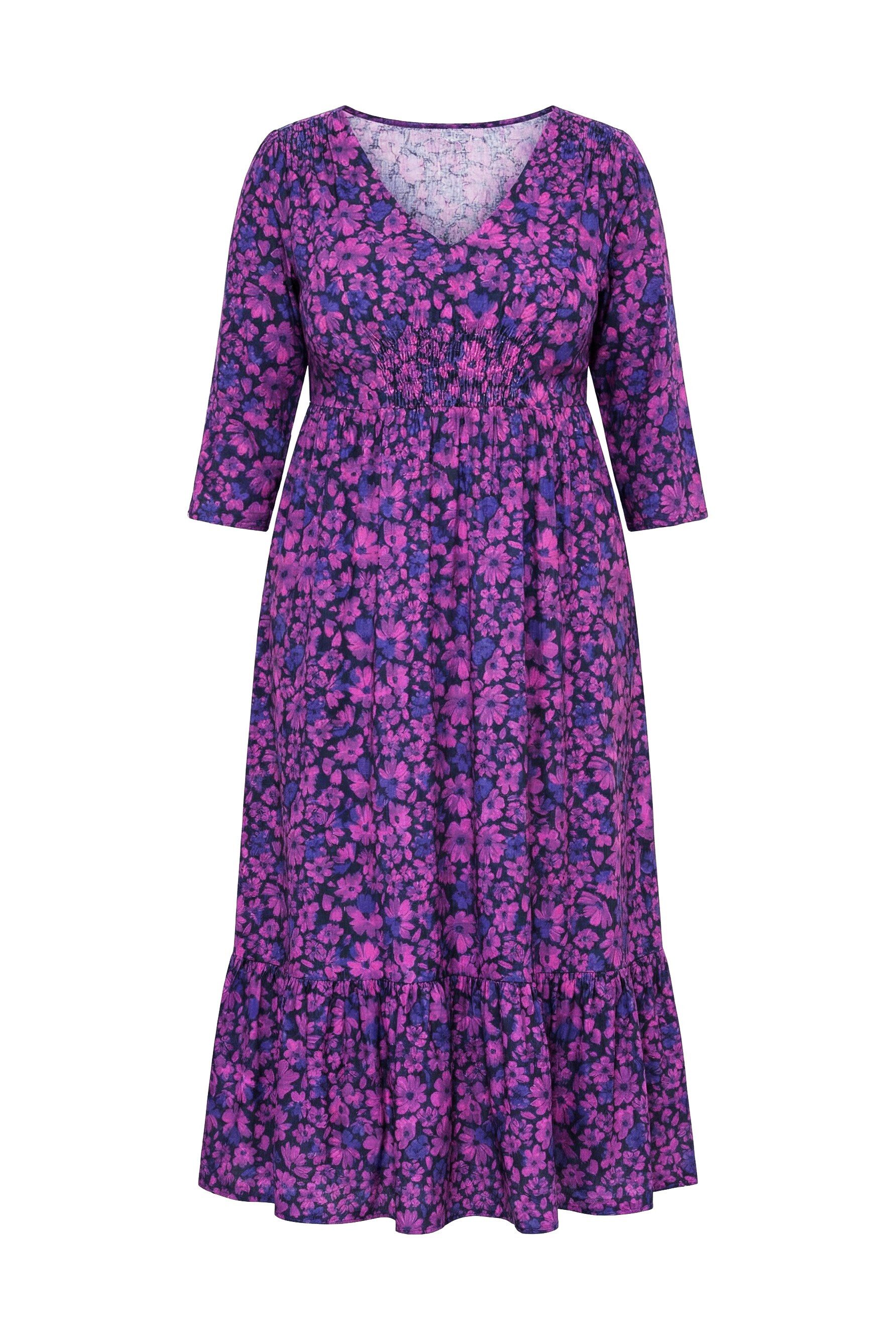 Ulla Popken Jerseykleid Jerseykleid Blüten A-Linie V-Ausschnitt 3/4-Arm