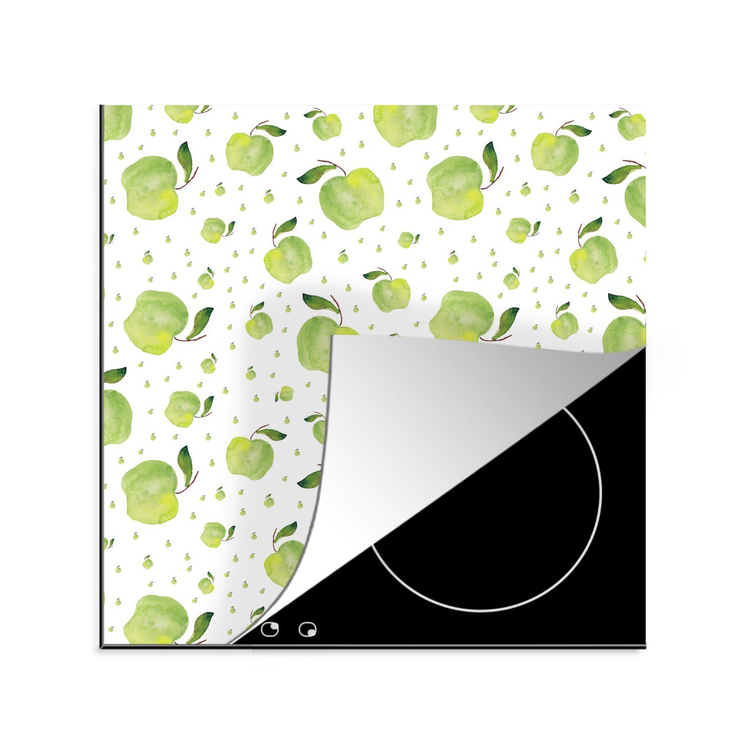 MuchoWow Herdblende-/Abdeckplatte Äpfel - Grün - Weiß, Vinyl, (1 tlg), 78x78 cm, Ceranfeldabdeckung, Arbeitsplatte für küche