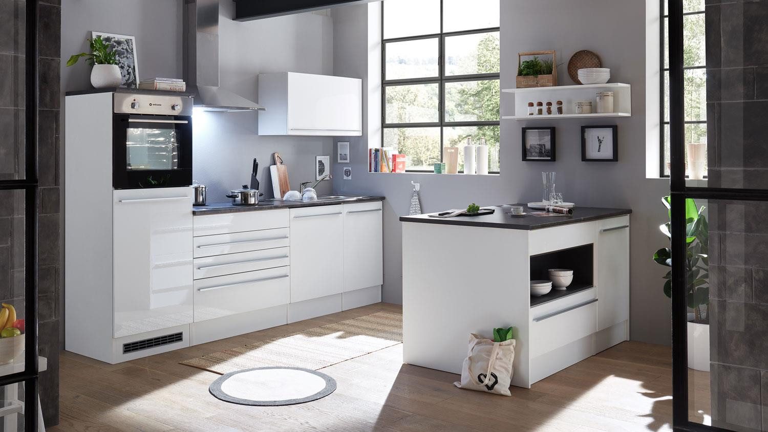 Bega Consult Küchenzeile Küchenzeile Jamesy 6 Küchenblock weiß Hochglanz stone dark 260 cm