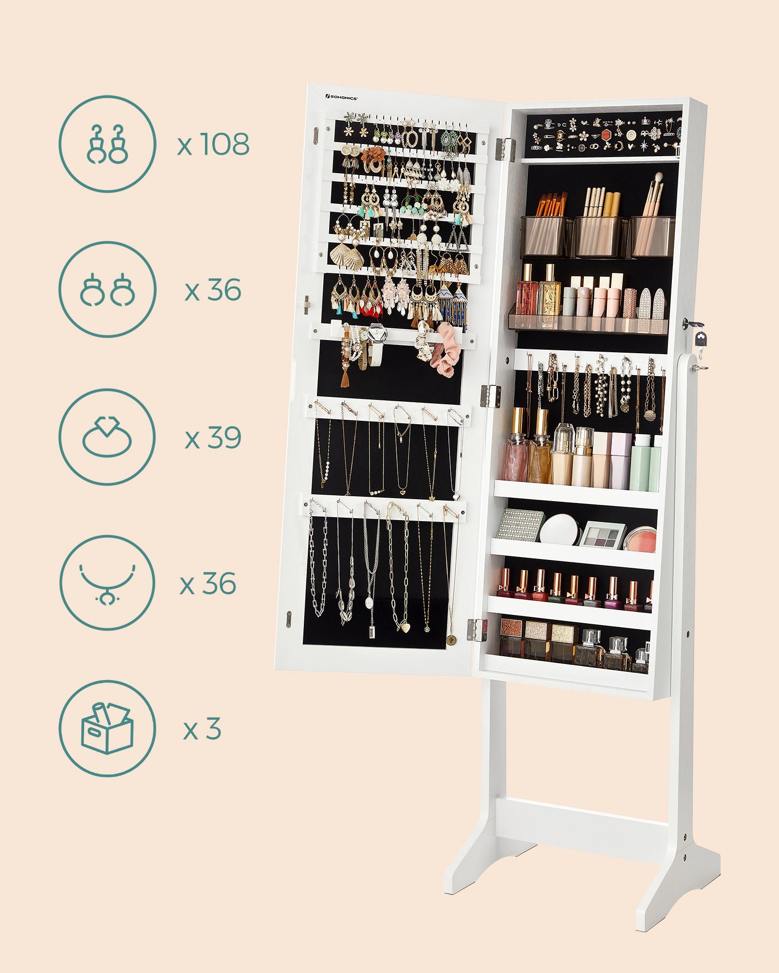 SONGMICS Schmuckschrank Spiegelschrank stehend, für, Ohrringe, Schminke, 41,2 x 36,5 x 152 cm mit 2 separaten Make-up-Organizern, rahmenloser, abschließbar, wei – Bild 4 von 5