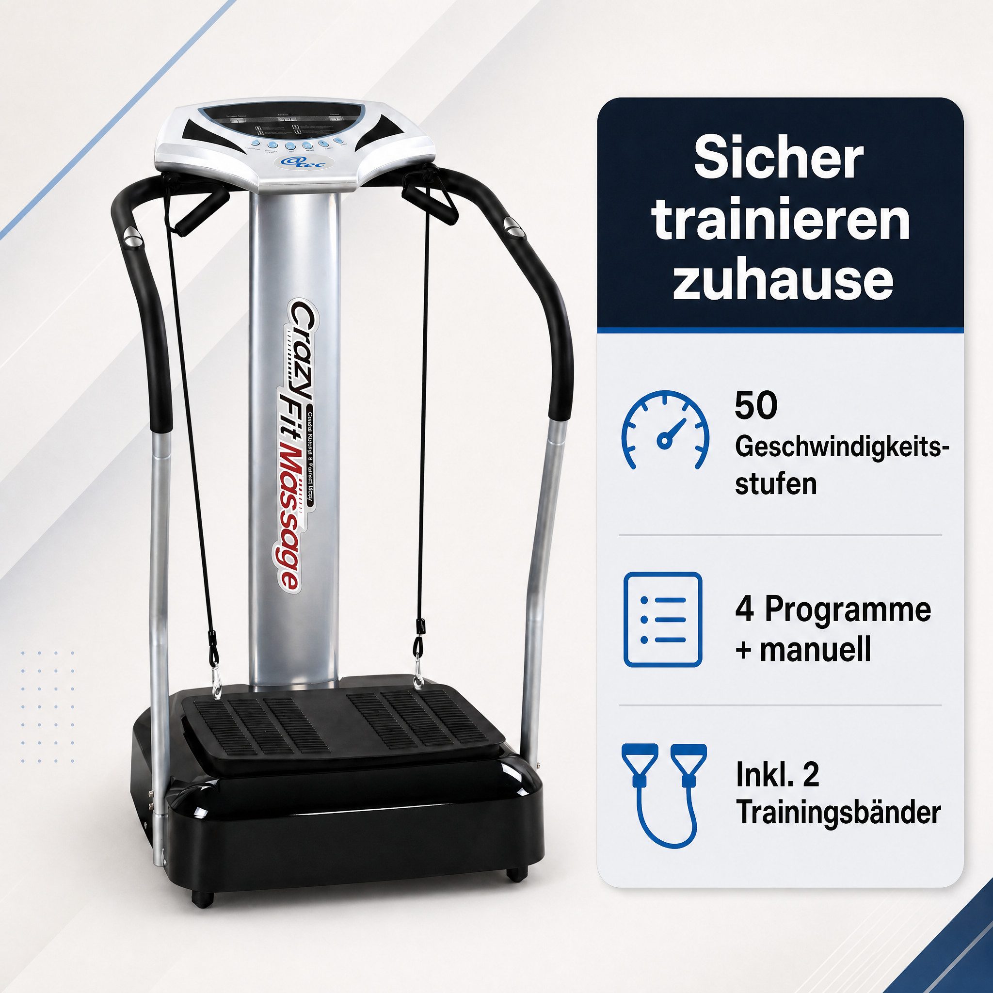 @tec Vibrationsplatte Crazy Fit - Heimtrainer Vibrationsplatte mit Haltegriffen, 50 Intensitätsstufen, 50 Geschwindigkeitsstufen, 4 Programme