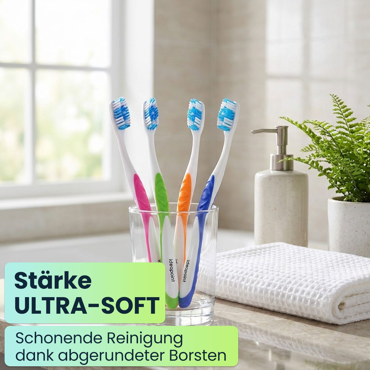 shop'n smile ideoon Zahnbürste Handzahnbürsten Set Soft mit Zungenreiniger, 12er- / 24er-Pack, Zahnbürsten-Familienpackung mit Wellenprofil & einzeln verpackt