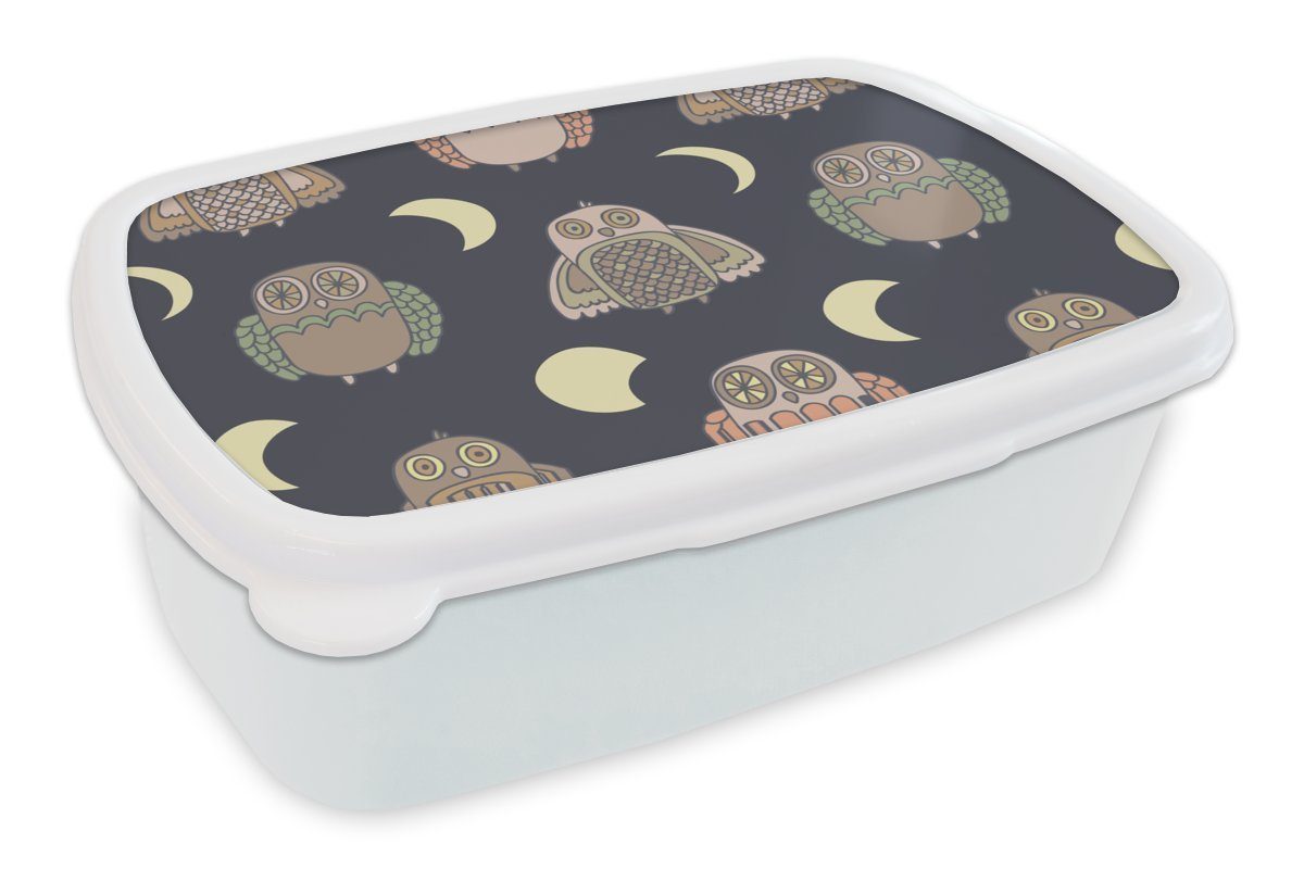 MuchoWow Lunchbox Eule - Muster - Mond, Kunststoff, (2-tlg), Brotbox für Kinder und Erwachsene, Brotdose, für Jungs und Mädchen weiß
