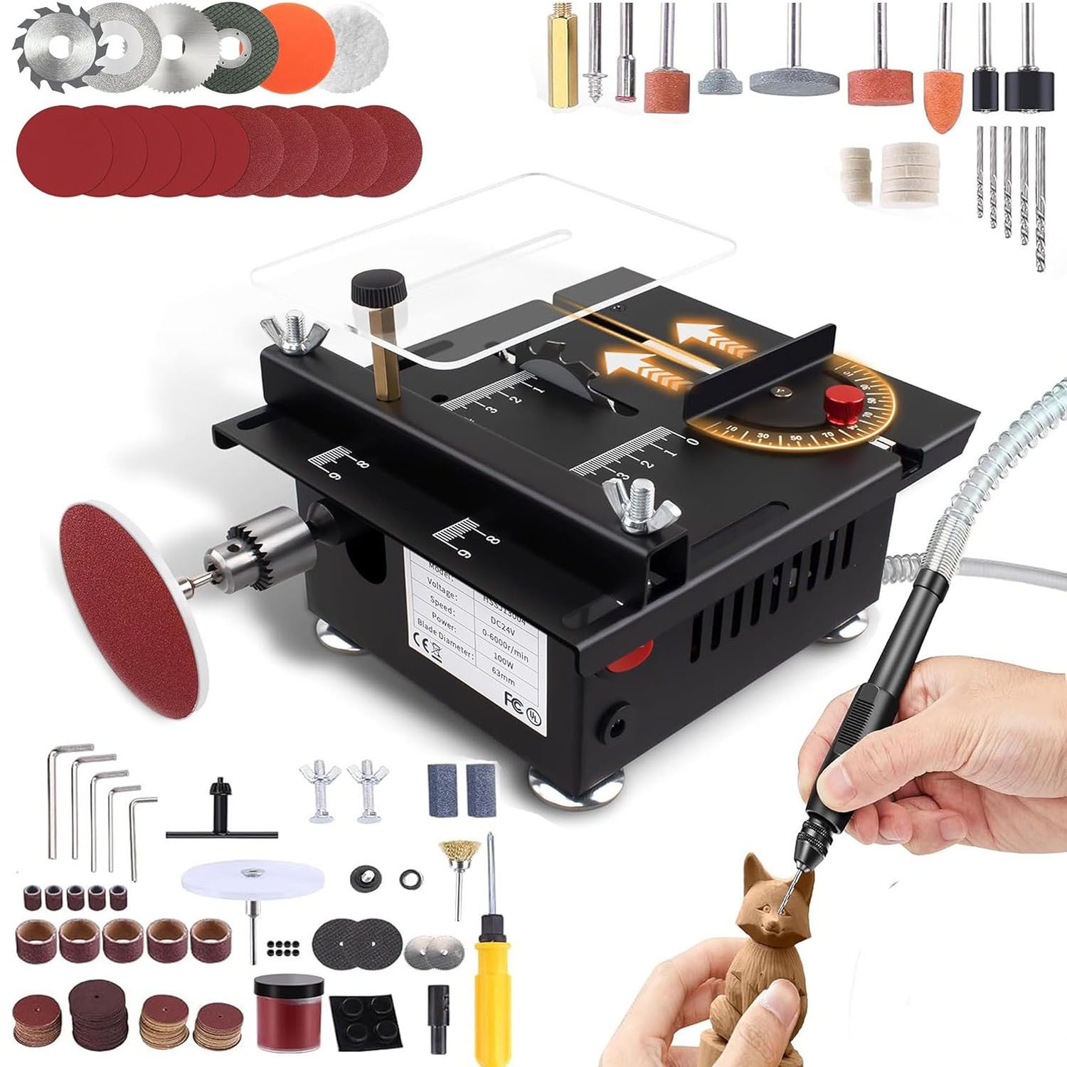 VIVIHEYDAY Tischkreissäge Mini Tischkreissäge mit 4 Klingen, 7-Gang-Netzteil Einstellbarer, Präzisions Table Saw, 100W Tischkreissägen Tragbare 0,1-16mm, Sägeblatt Höhenverstellbarer und Sicherheitsklappe für Holzbearbeitung